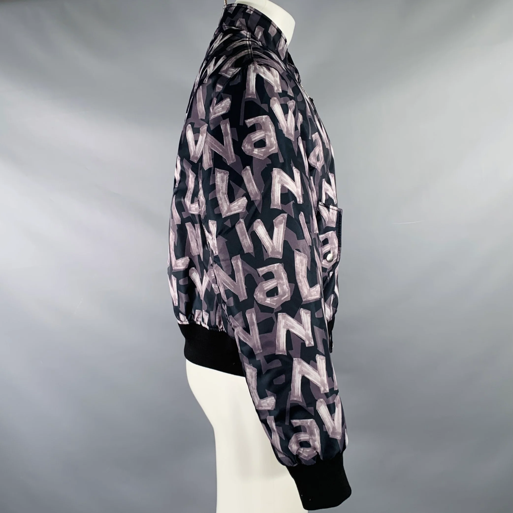 LANVIN Size 40 Grey Black Print Polyamide Blend Bomber Jacket - Image 4