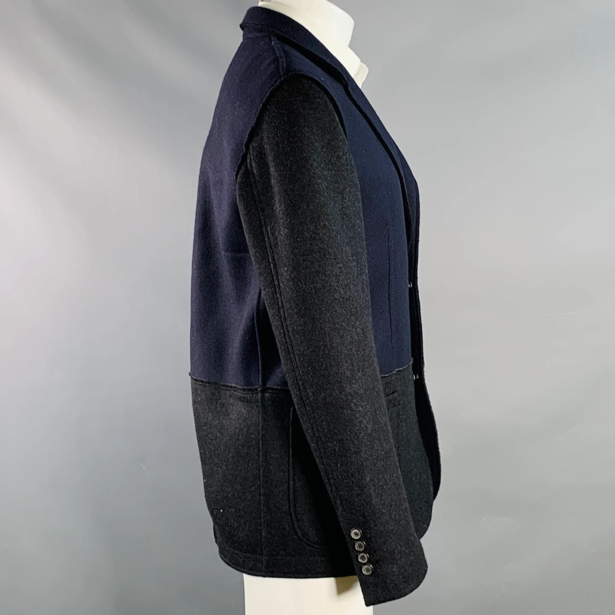 LANVIN Size 40 Navy Black Two Toned Wool Blend Snaps Sport Coat - Image 2