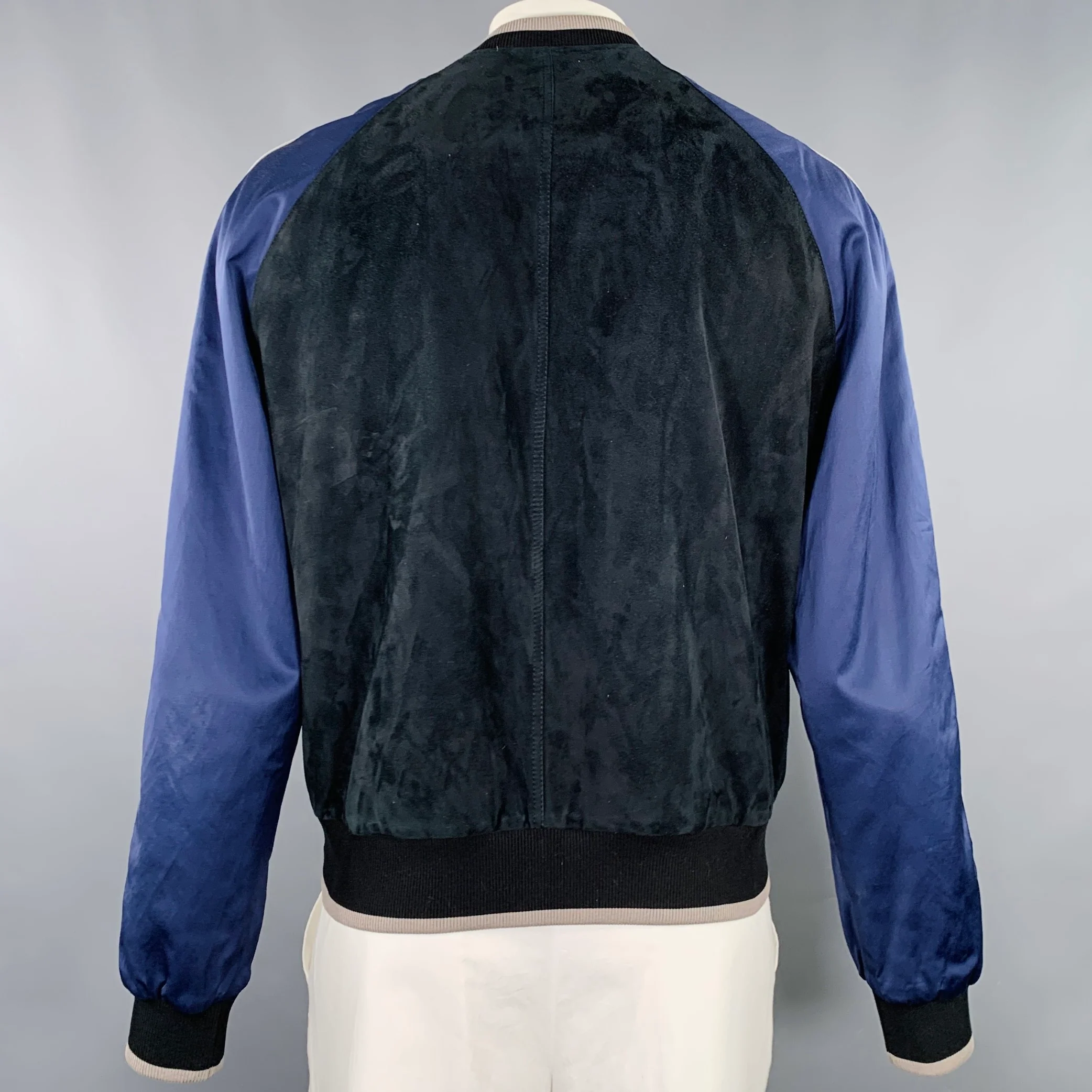LANVIN Size 46 Black Blue Mixed Fabrics Lamb Suede Bomber Jacket - Image 3