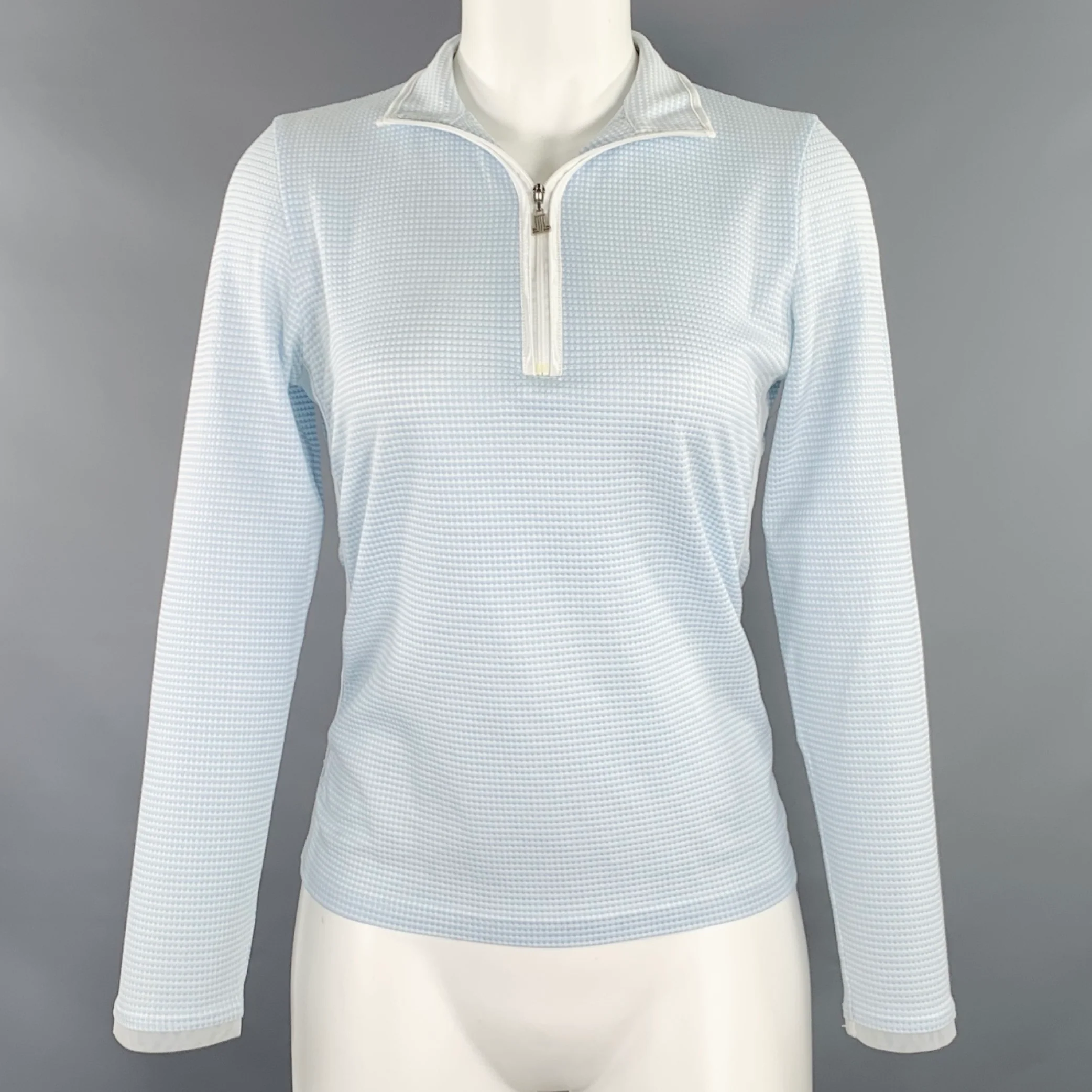 LANVIN Size 6 White Light Blue Cotton Blend Waffle Knit 1/4 Zip Casual Top