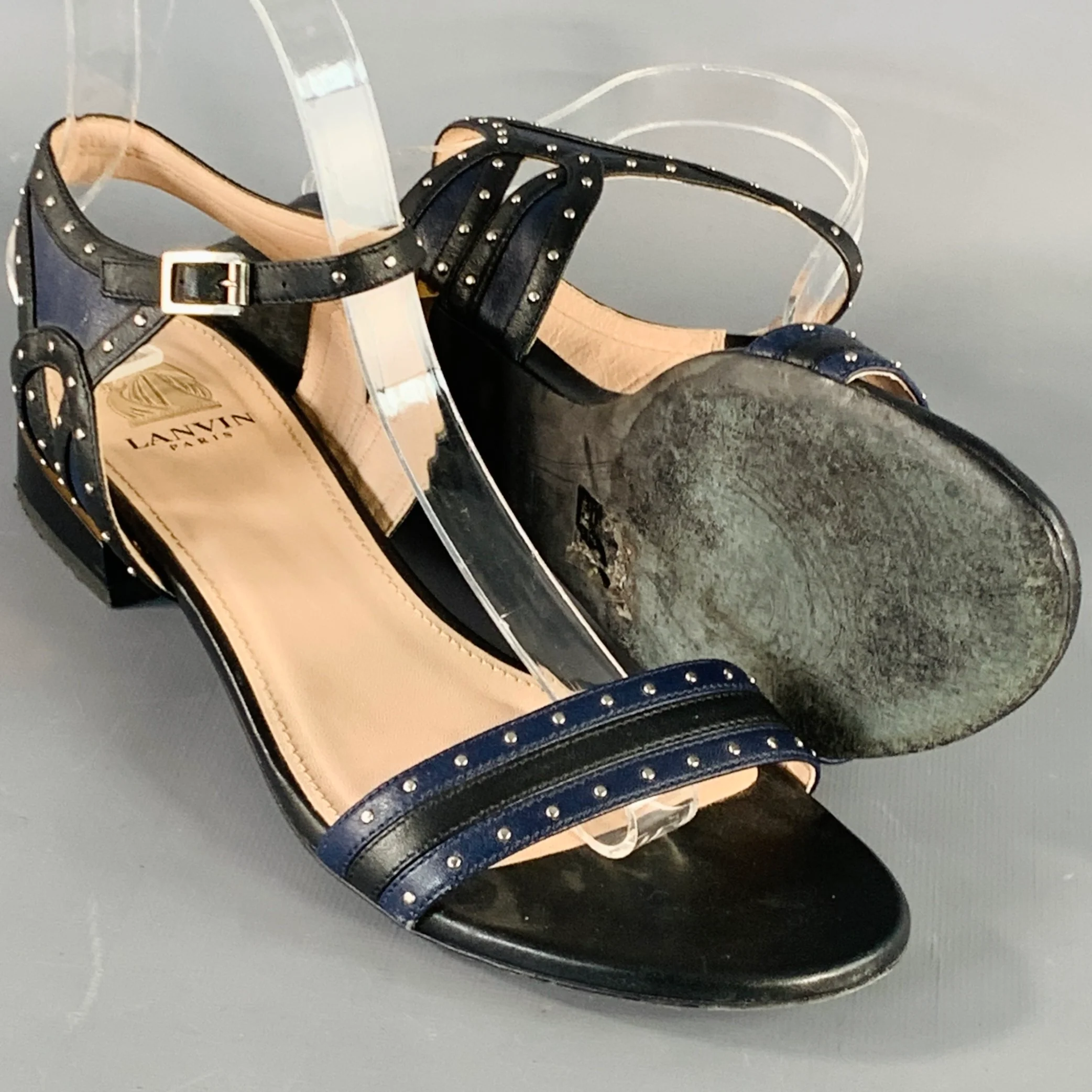 LANVIN Size 8.5 Navy Black Leather Studded Ankle Strap Sandals - Image 6