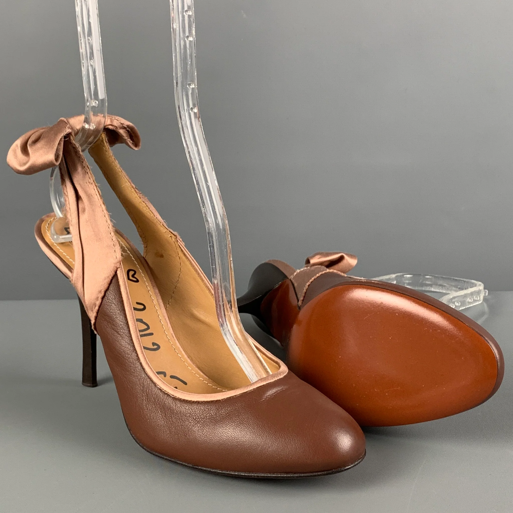 LANVIN Size 9 Brown Pink Leather Satin Slingback Pumps - Image 3