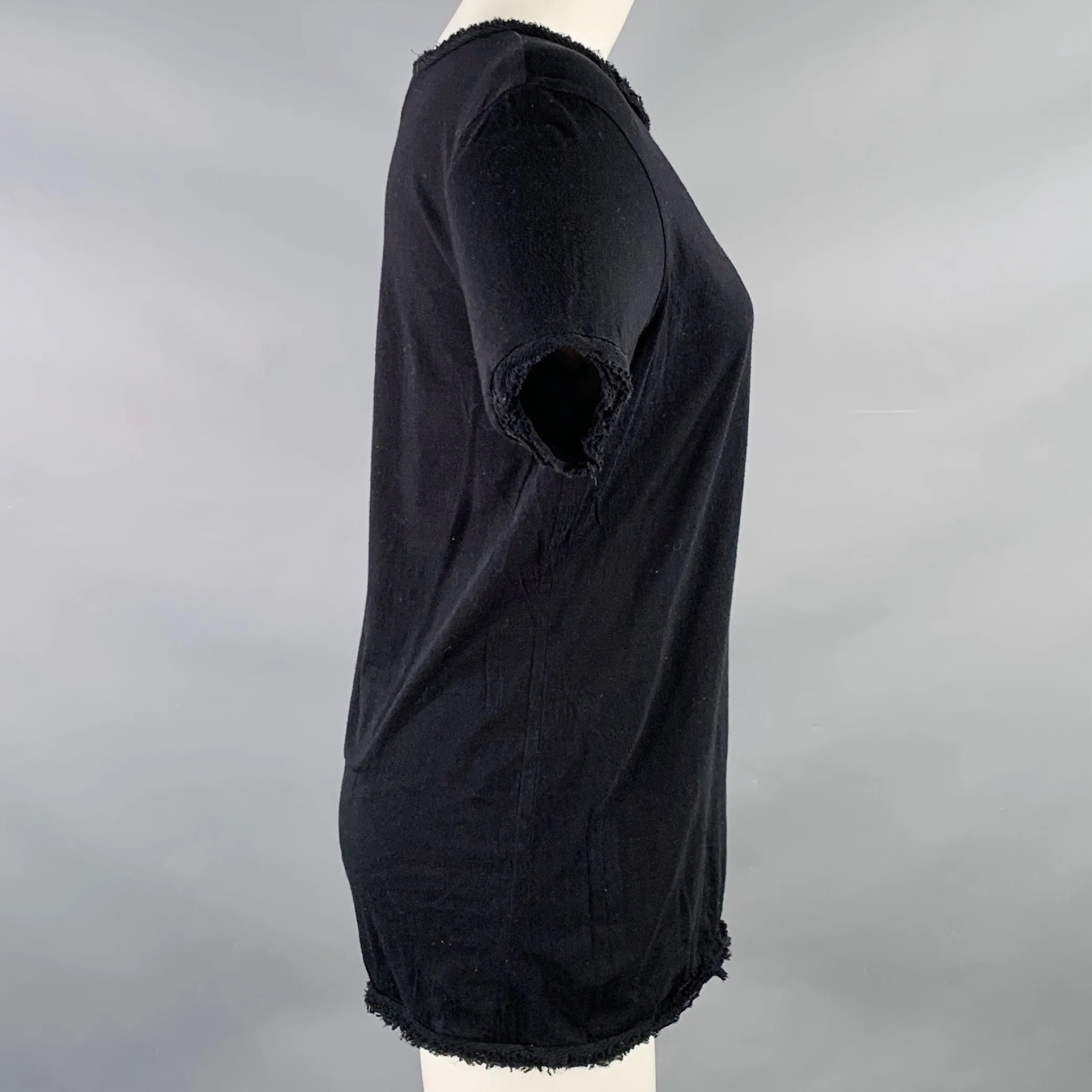 LANVIN Size M Black Cotton Silk Raw Edge T-Shirt - Image 2
