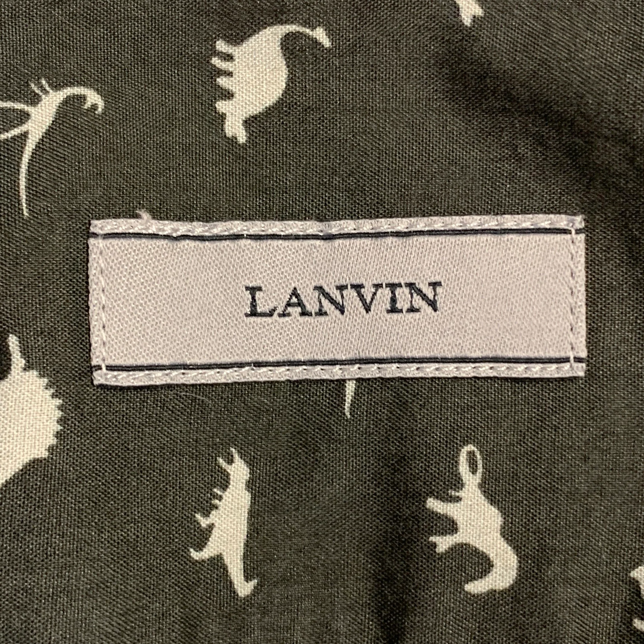 LANVIN Size M Grey Slate Dinosaurs Cotton Spread Collar Long Sleeve Shirt - Image 5