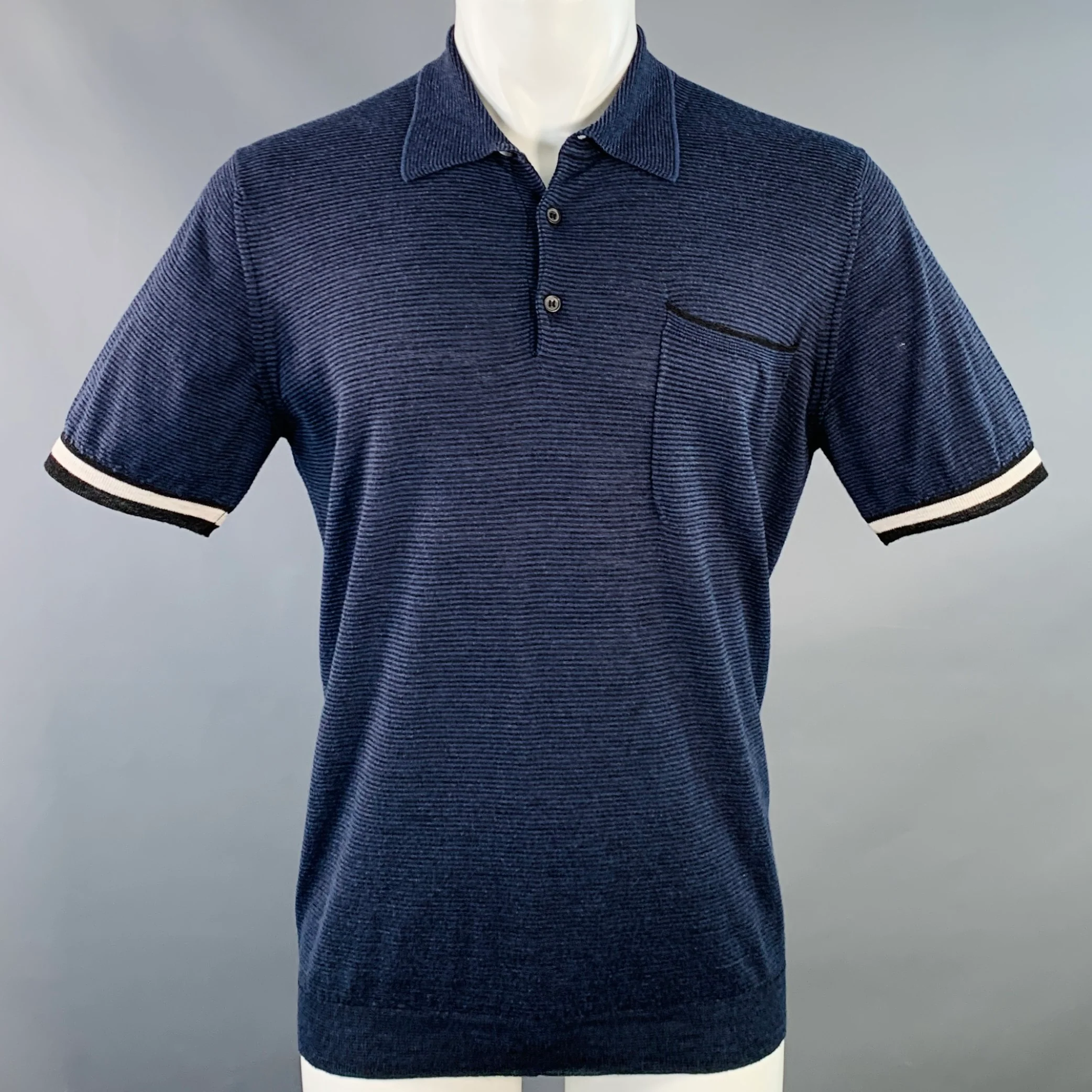 LANVIN Size M Navy Black Stripe Wool Blend One Pocket Polo