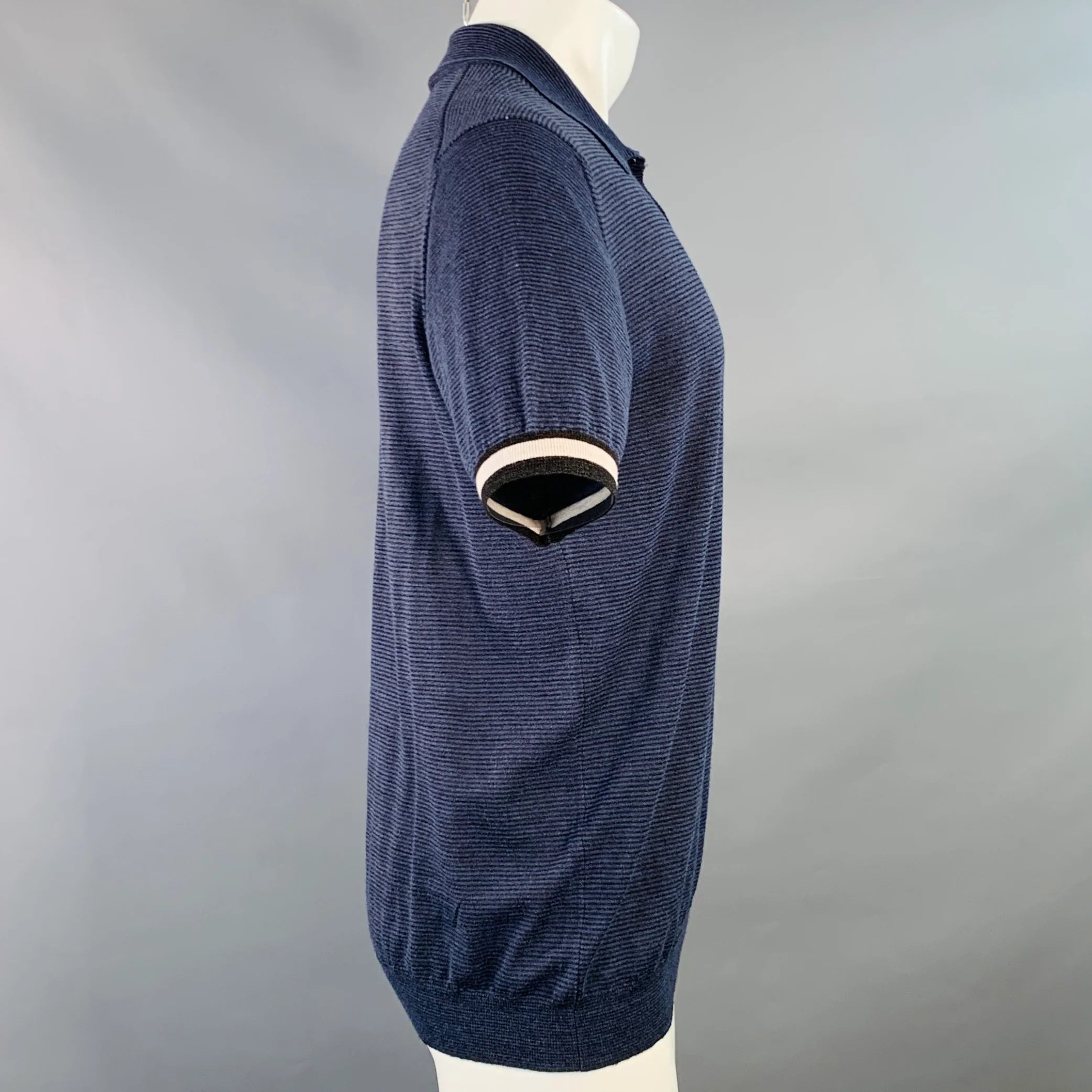 LANVIN Size M Navy Black Stripe Wool Blend One Pocket Polo - Image 2