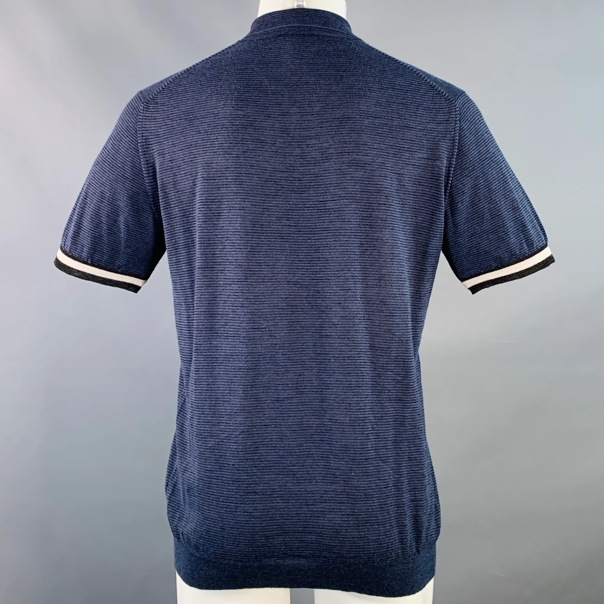 LANVIN Size M Navy Black Stripe Wool Blend One Pocket Polo - Image 3