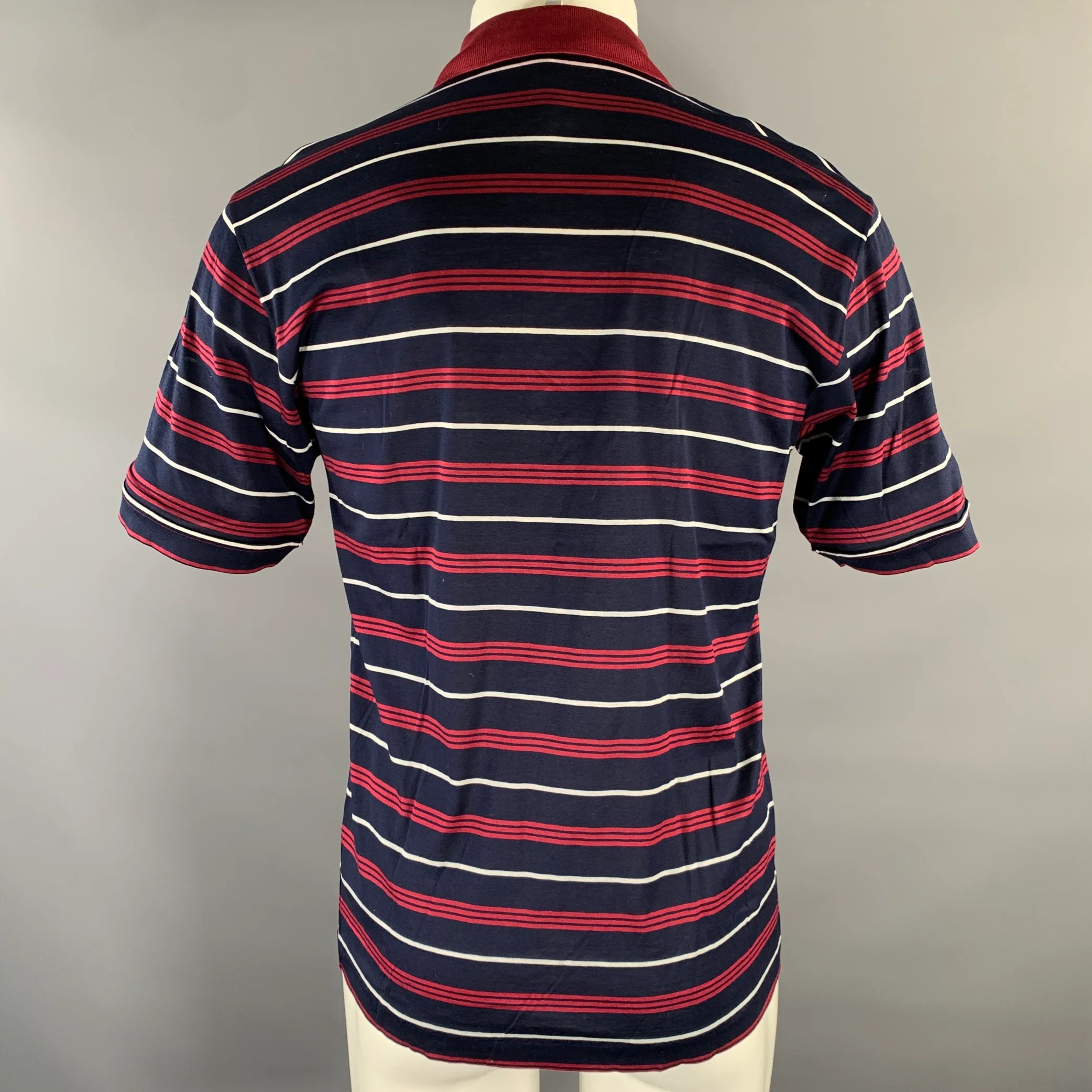 LANVIN Size M Navy Burgundy White Horizontal Stripe Cotton Polo - Image 3