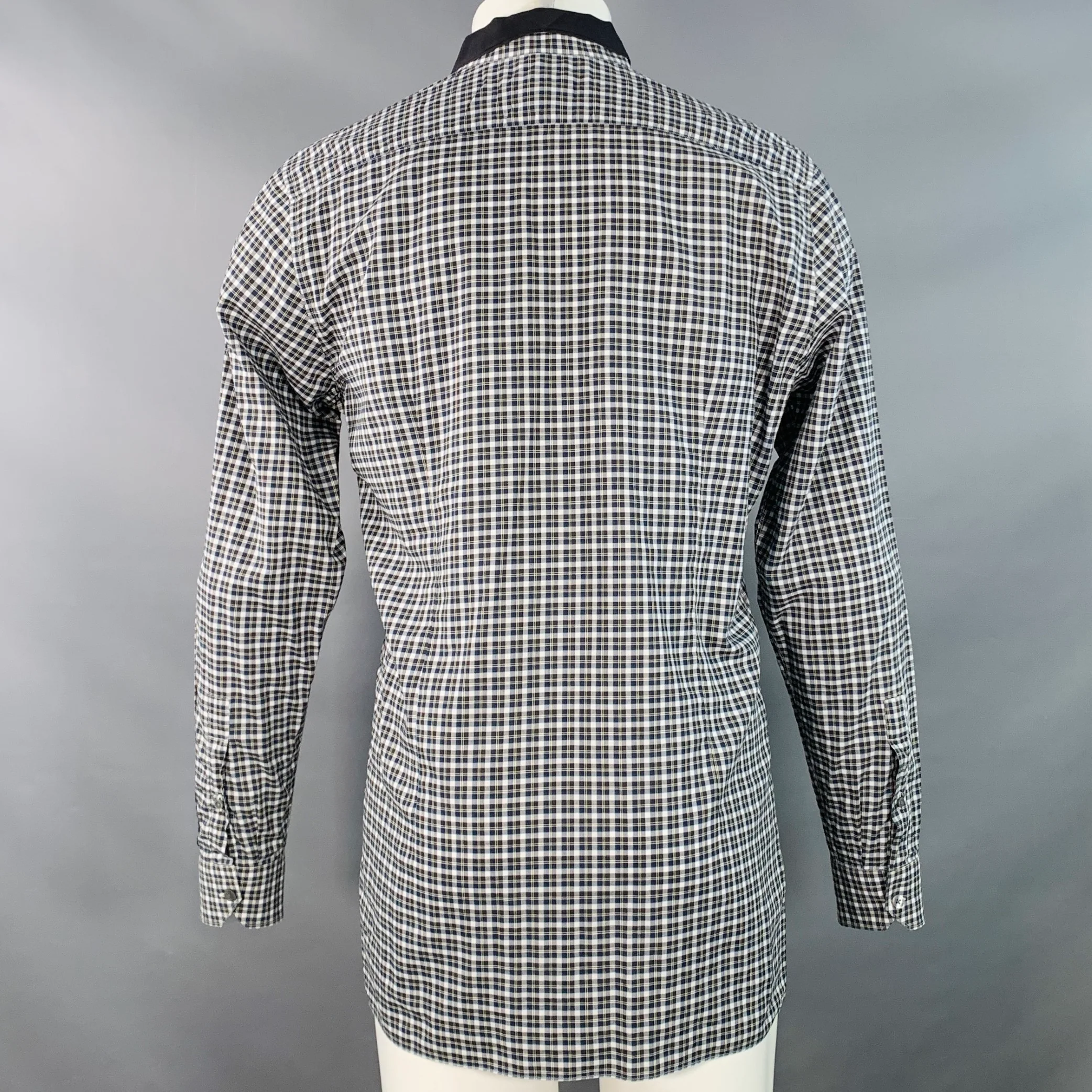 LANVIN Size M Navy Green White Plaid Cotton Contrast Collar Long Sleeve Shirt - Image 4