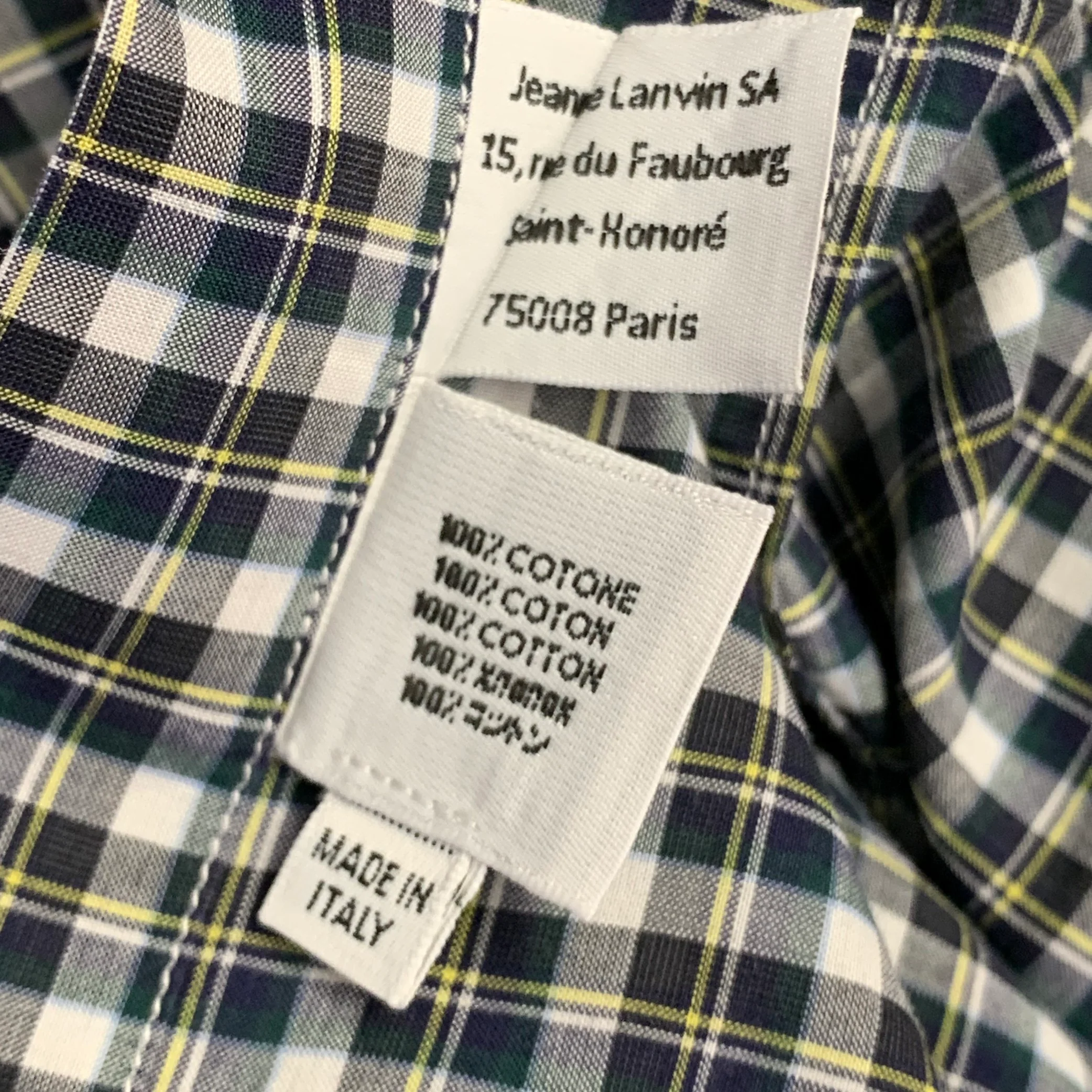 LANVIN Size M Navy Green White Plaid Cotton Contrast Collar Long Sleeve Shirt - Image 6