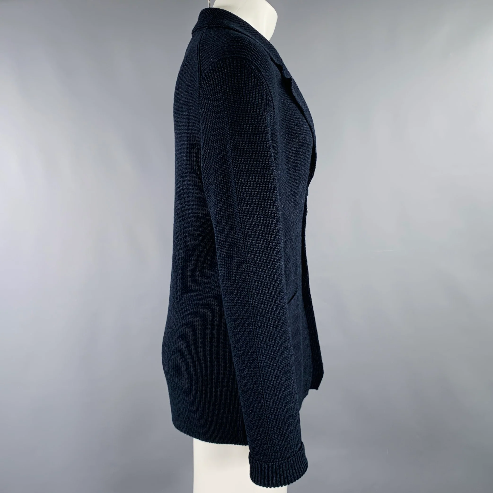 LANVIN Size M Navy Knit Merino Wool 2 Pockets Cardigan - Image 2