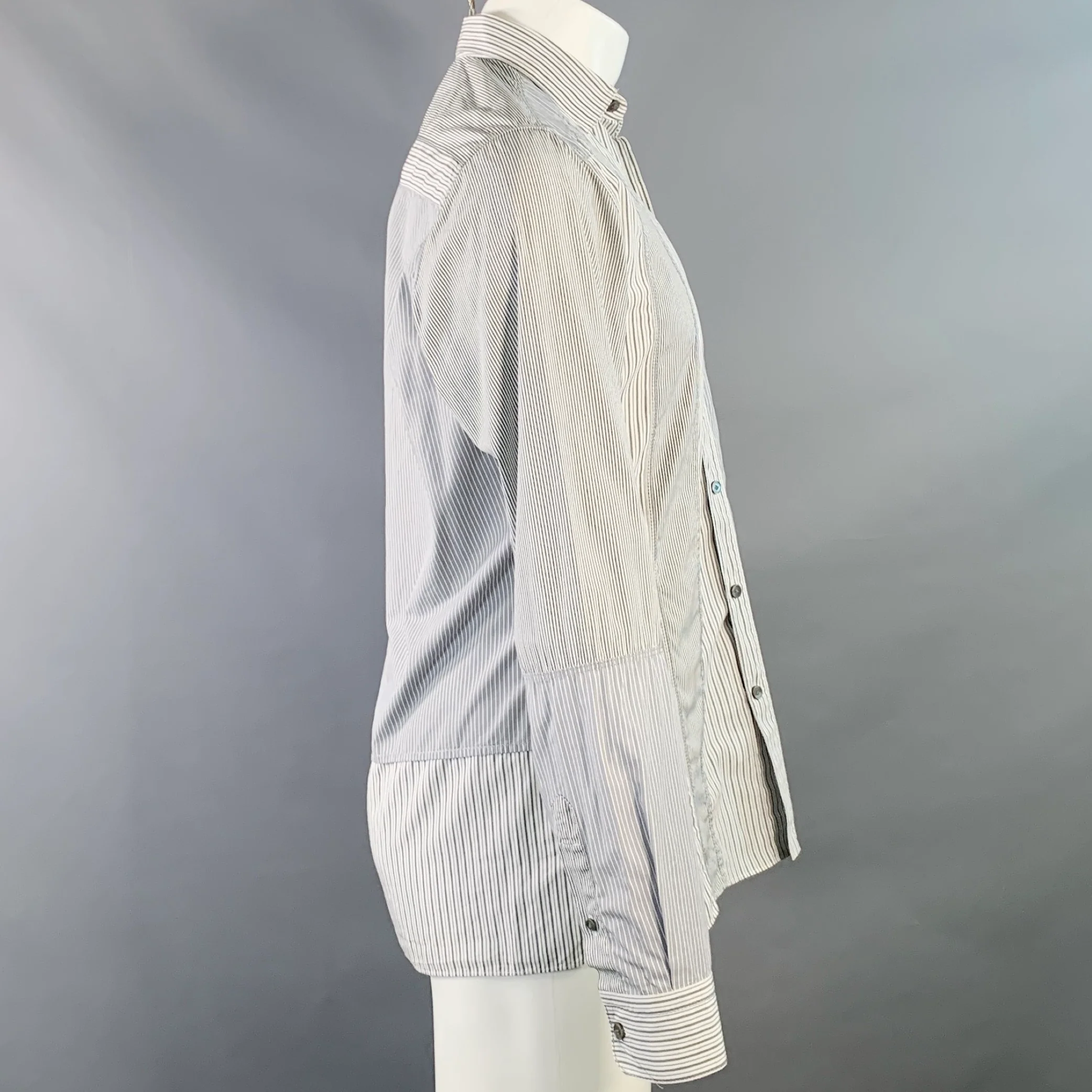 LANVIN Size S Grey White Stripe Cotton Patch Pocket Long Sleeve Shirt - Image 3