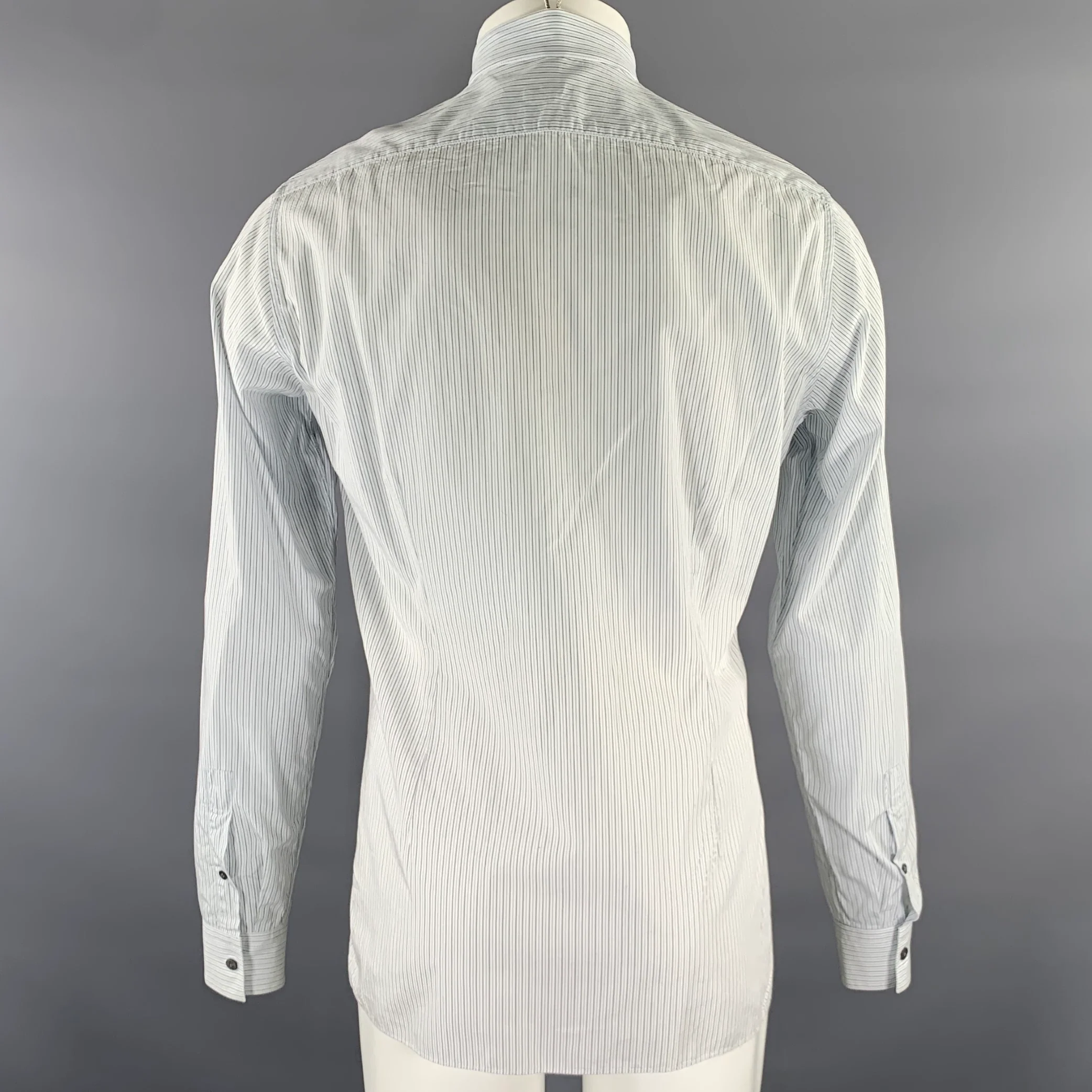 LANVIN Size S Light Blue Grey Black Stripe Cotton Spread Collar Shirt - Image 4