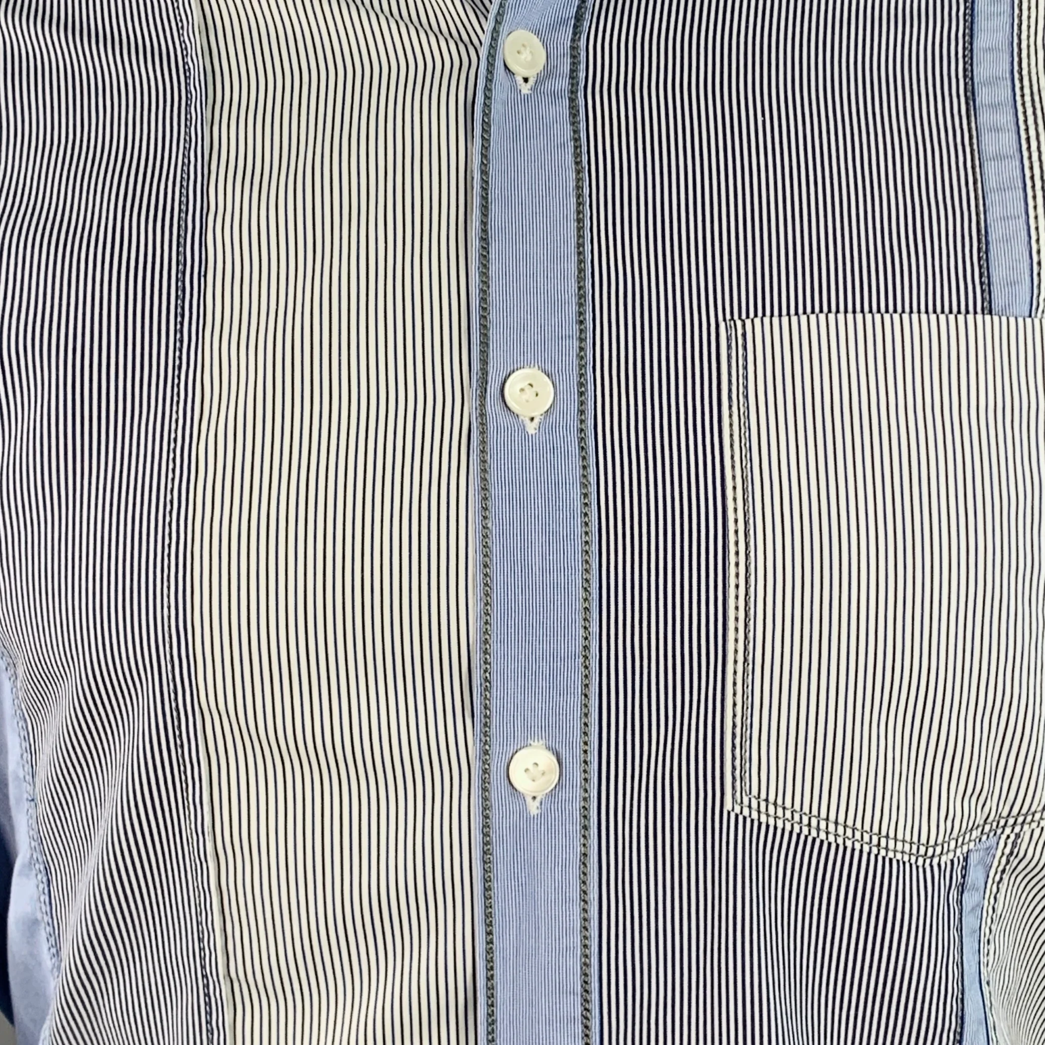 LANVIN Size S White Blue Navy Patchwork Stripe Cotton One Pocket Long Sleeve Shirt - Image 2