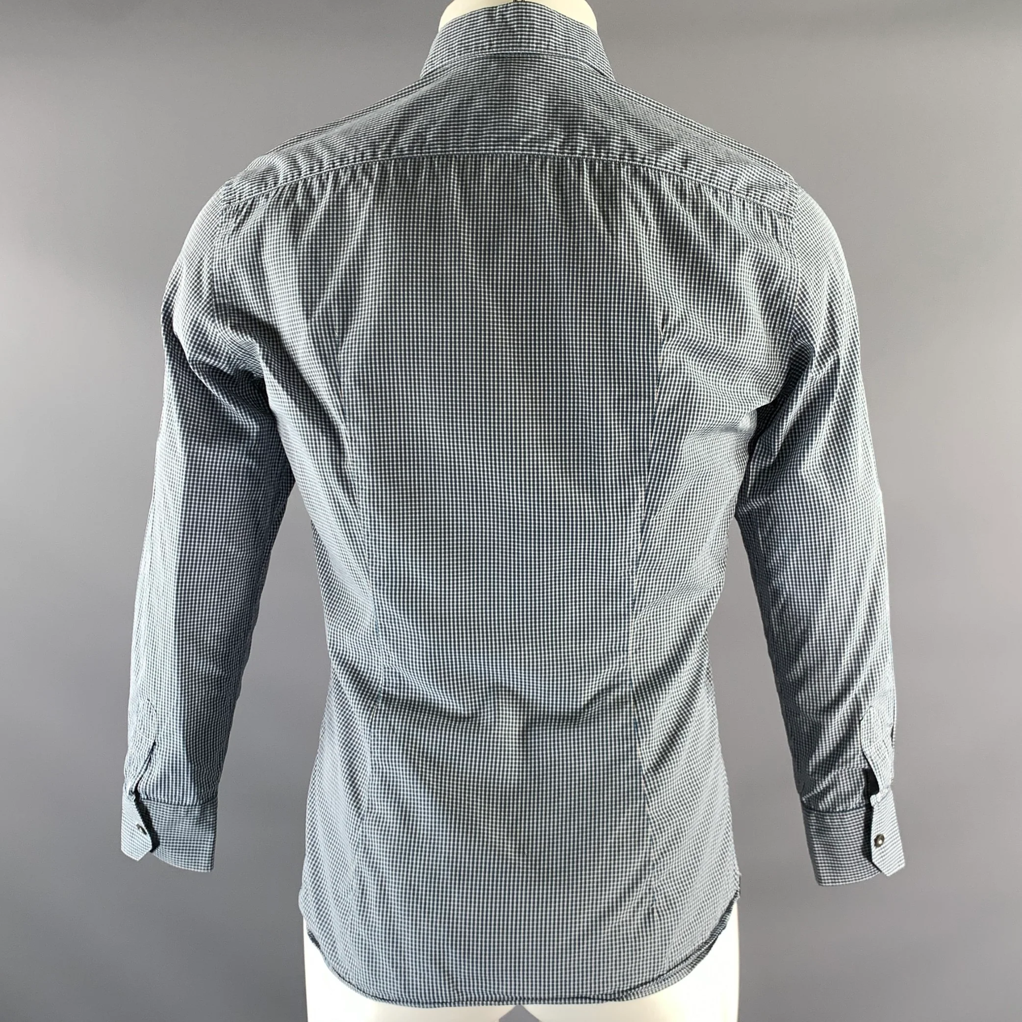 LANVIN Size S White Teal Gingham Cotton Point Collar Long Sleeve Shirt - Image 4
