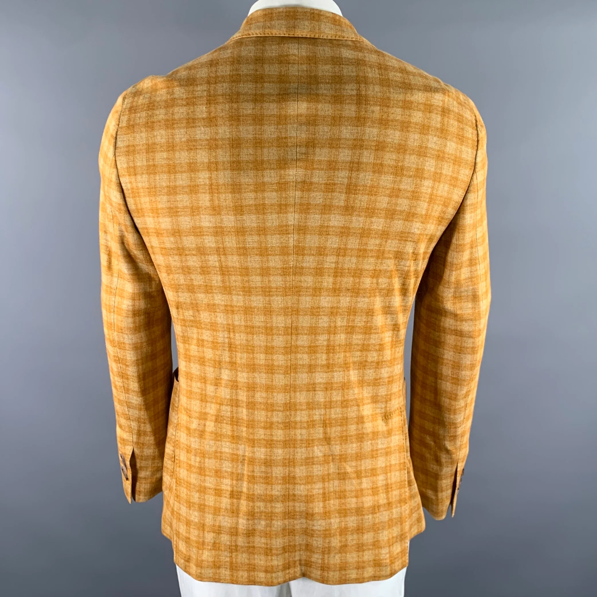 LARDINI Size 42 Orange Tartan Linen Cotton Blend Notch Lapel Sport Coat - Image 4