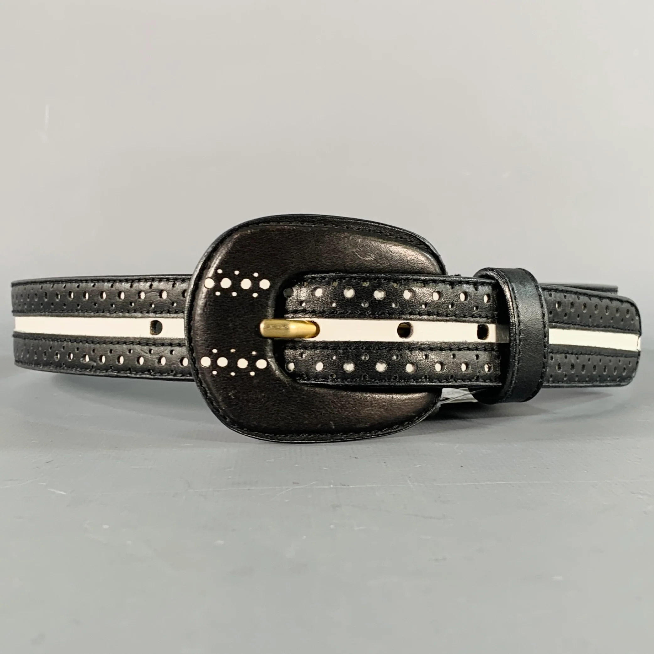 LAUREL Size S Black White Perforated Two Tone Leather Belt