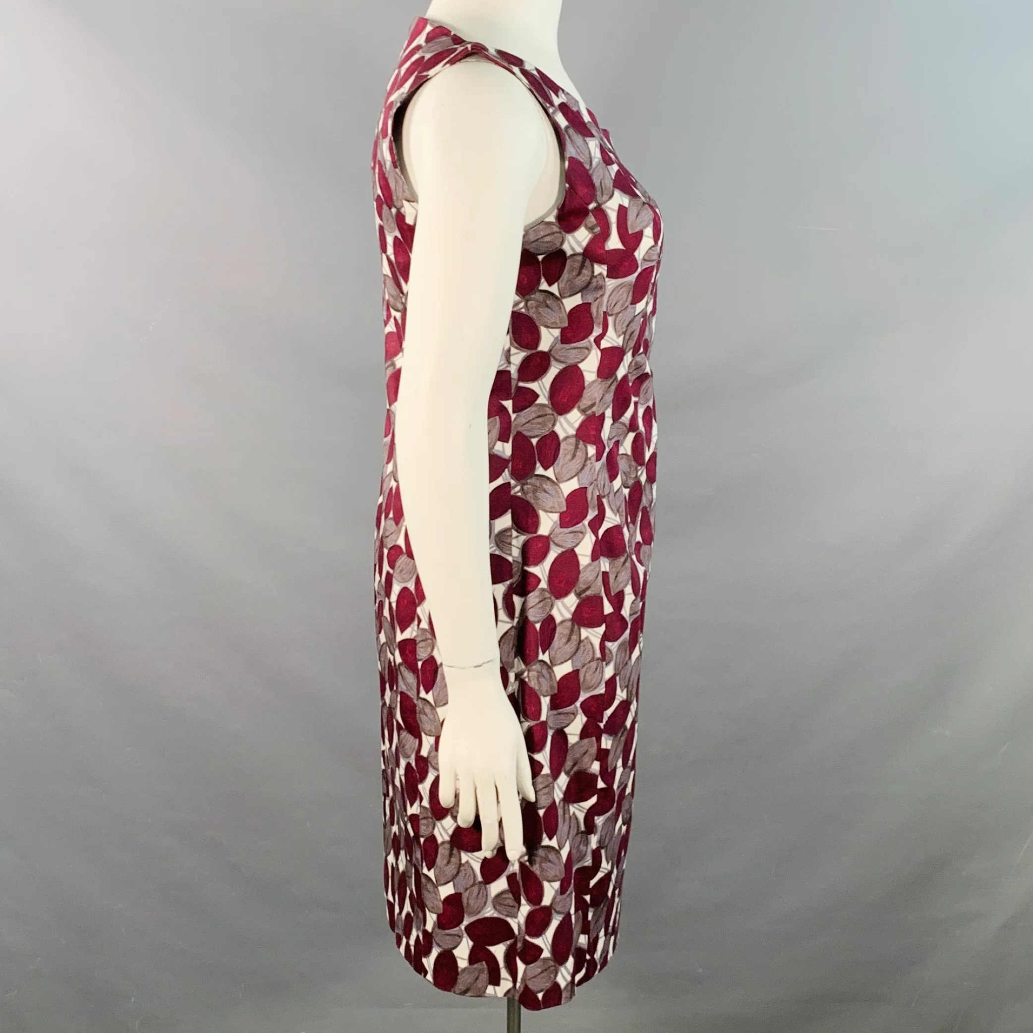 LAVIA 18 Size 12 White Burgundy Cotton Blend Leaves Sleeveless Dress - Image 3
