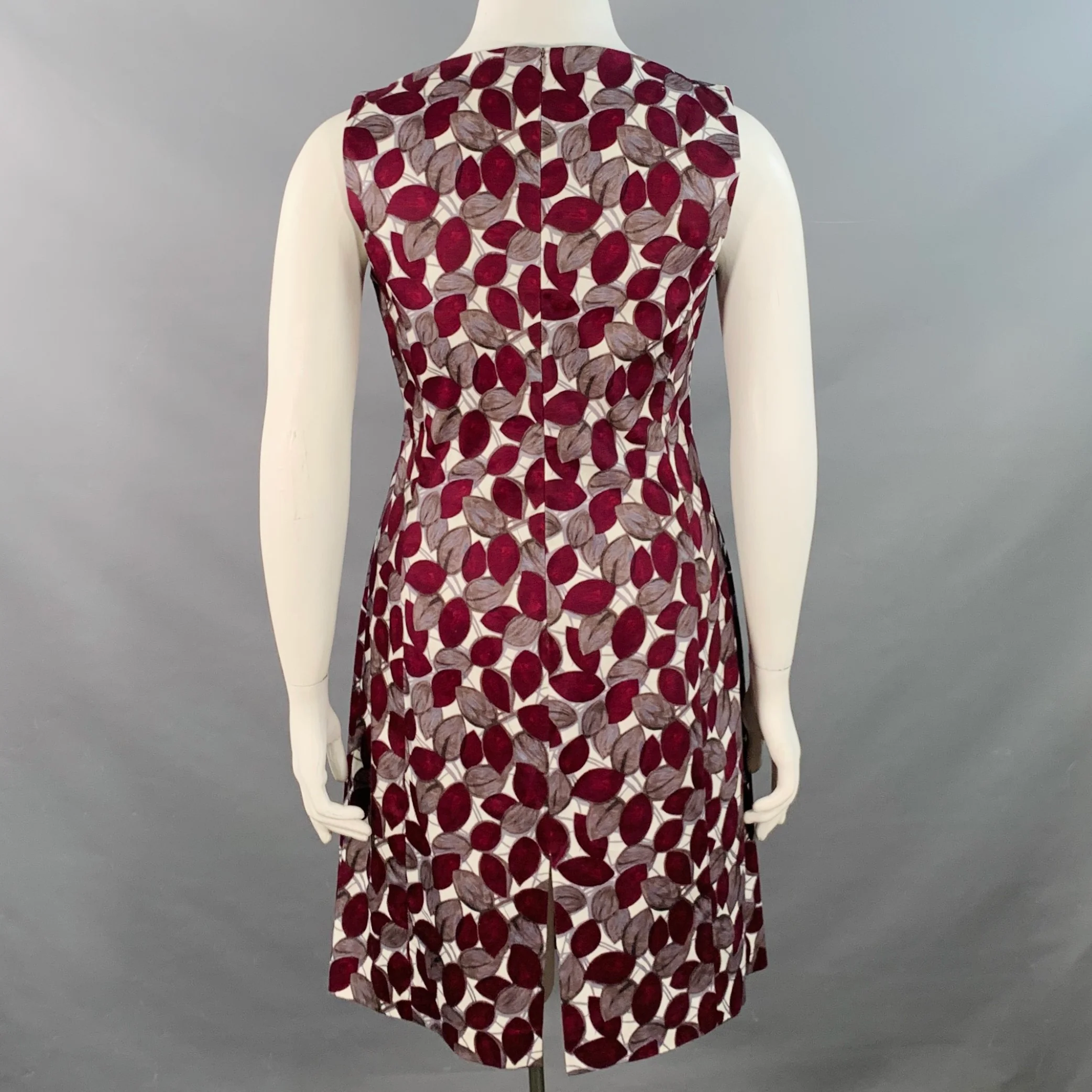 LAVIA 18 Size 12 White Burgundy Cotton Blend Leaves Sleeveless Dress - Image 4