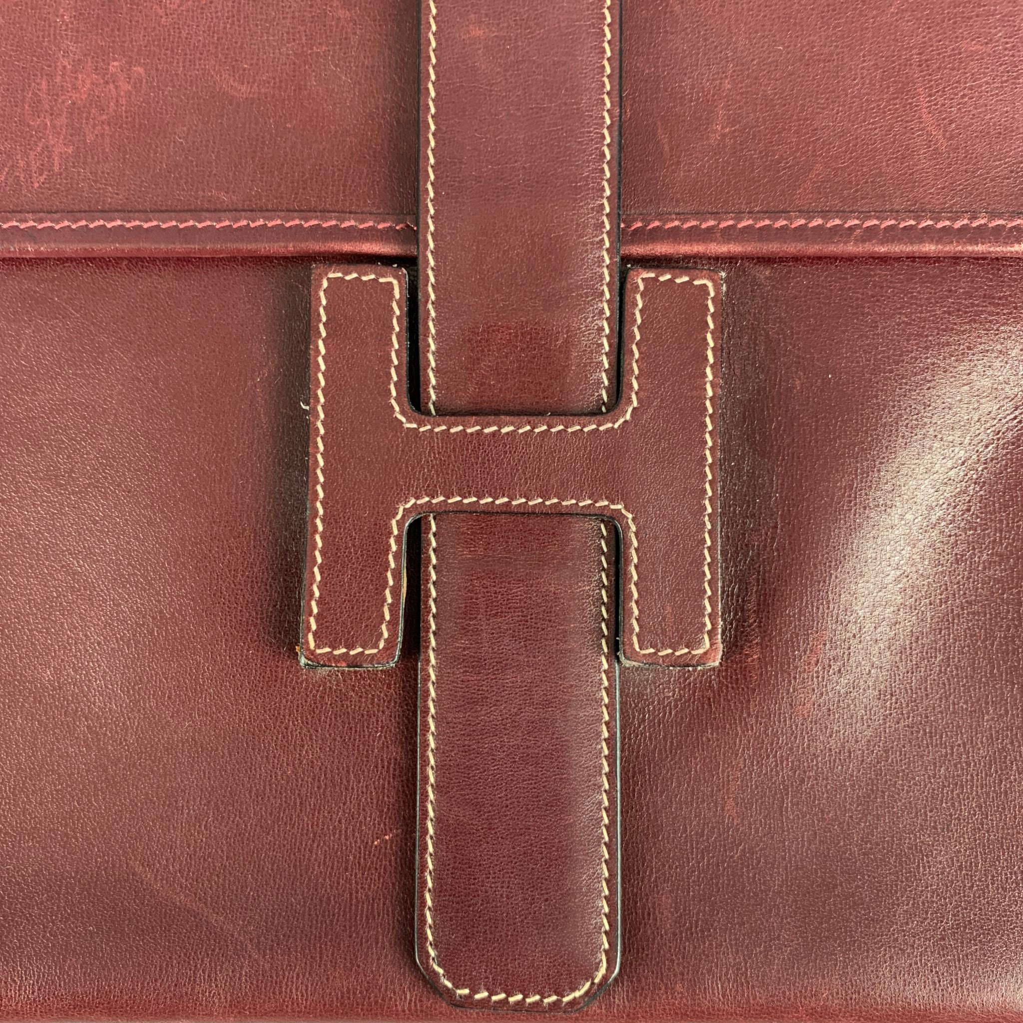 LEDERER Burgundy Contrast Stitch Leather Clutch Handbag & Leather Goods - Image 2