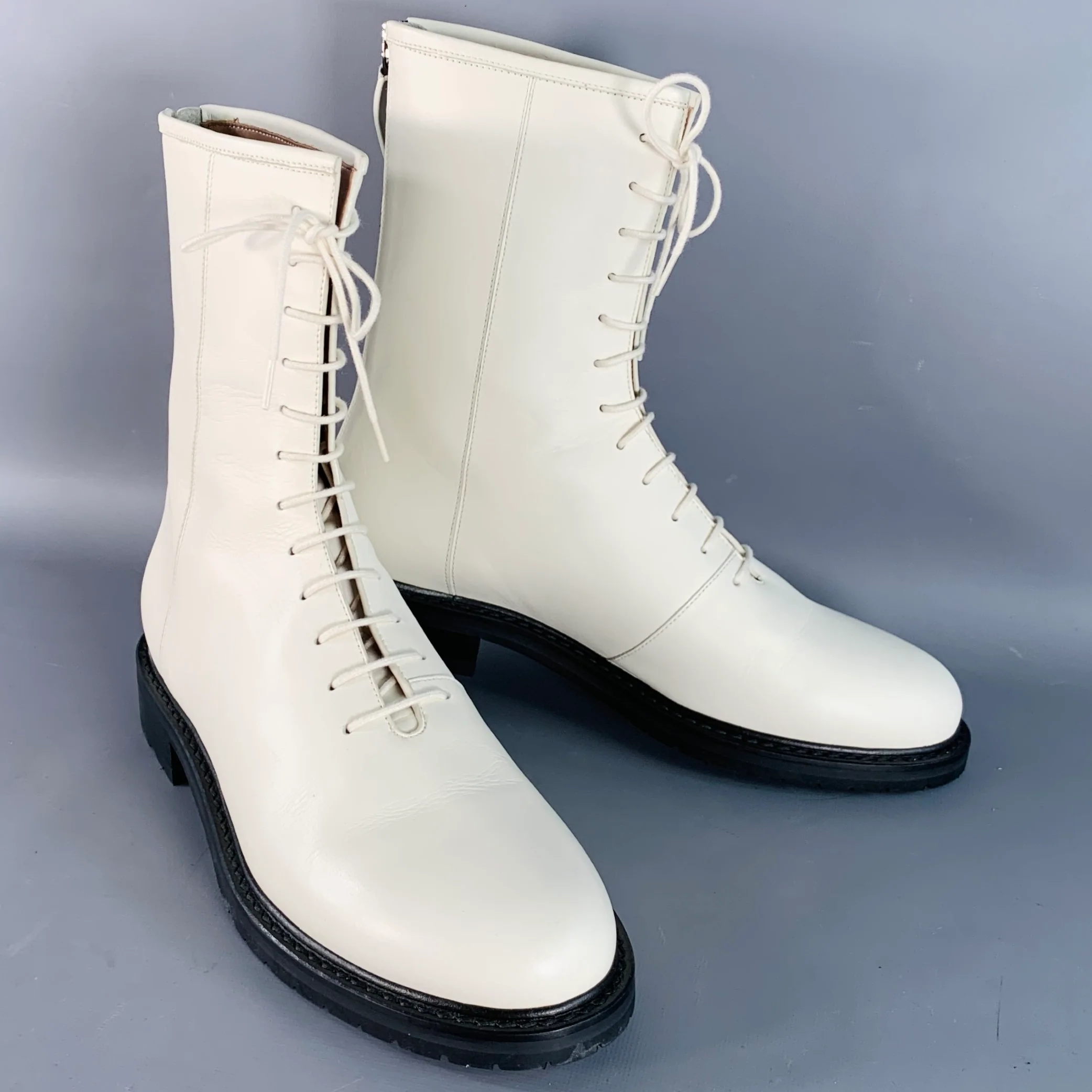 LEGRES Size 11 White Leathre Lace-Up Zipper Ankle Boots