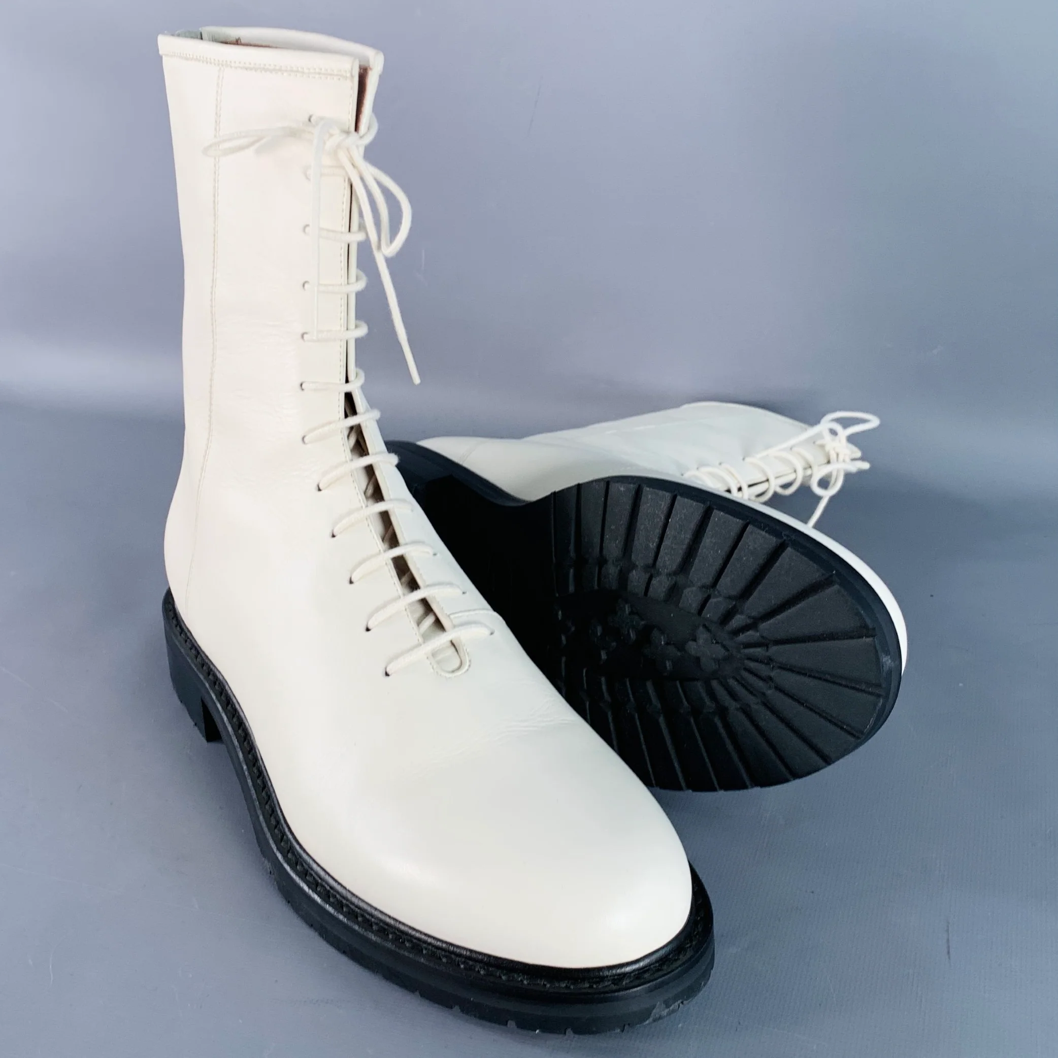 LEGRES Size 11 White Leathre Lace-Up Zipper Ankle Boots - Image 5