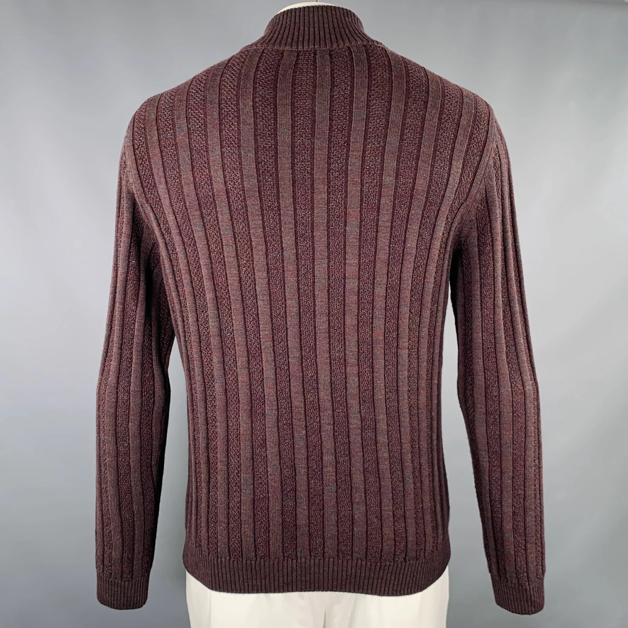 LENOR ROMANO Size L Brown Cable Knit Merino Wool 1/4 Zip Pullover - Image 4
