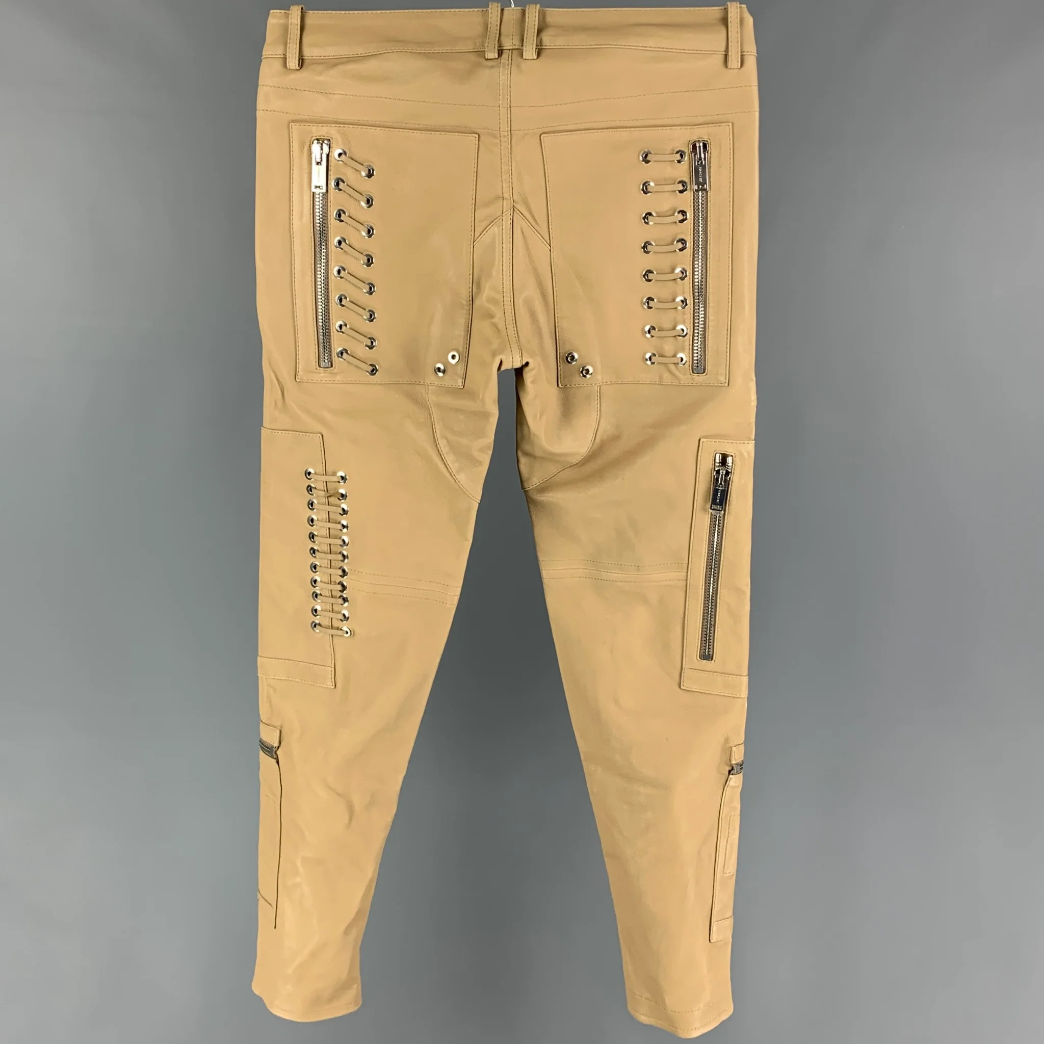 LES HOMMES Size 32 Tan Leather Zippers Detail Casual Pants - Image 3