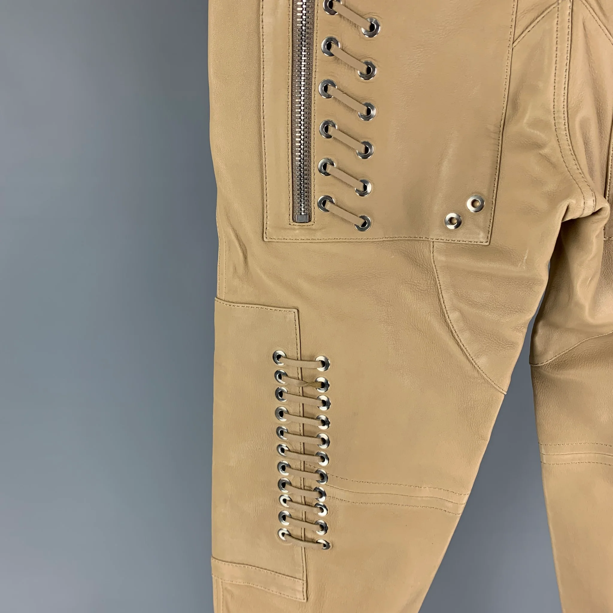 LES HOMMES Size 32 Tan Leather Zippers Detail Casual Pants - Image 4