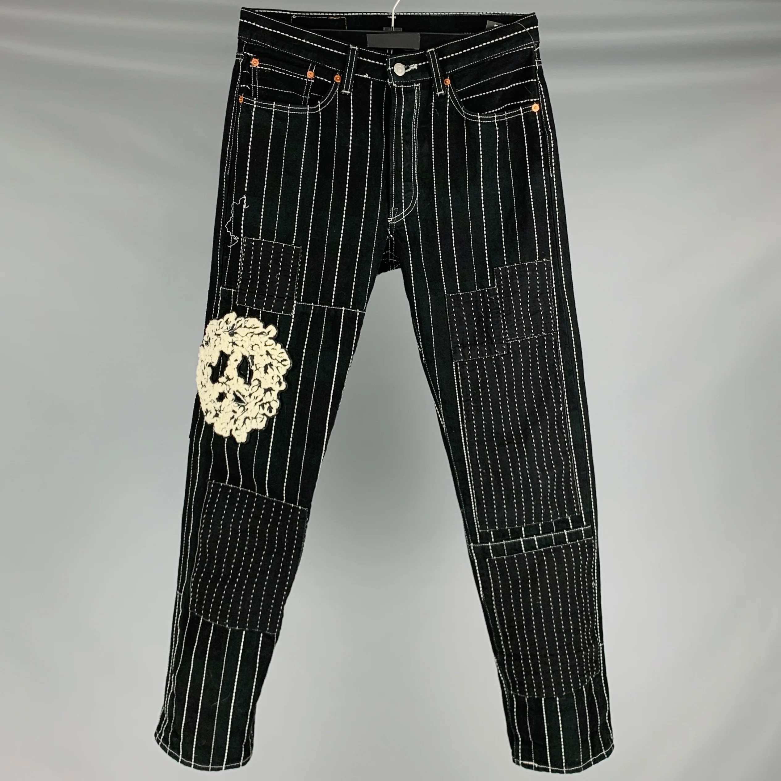 LEVI STRAUSS Size 32 Black White Patches Cotton Embroidered Jeans