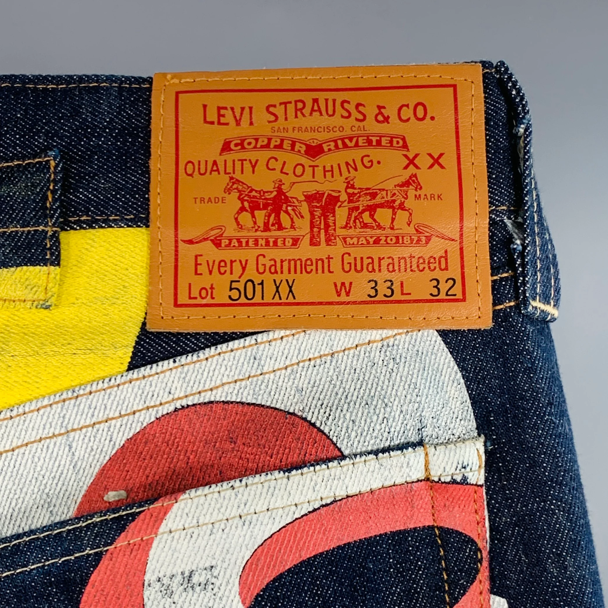 LEVI STRAUSS Size 33 Navy Multi Color Graphic Cotton Straight Selvedge Jeans - Image 3