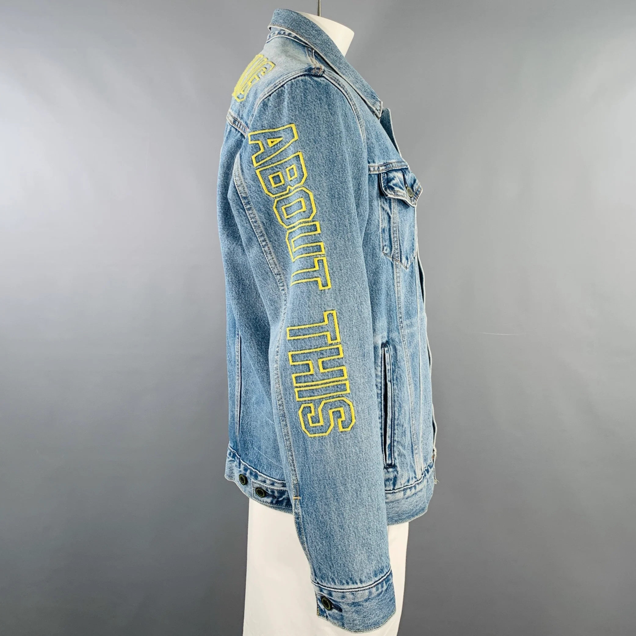 LEVI STRAUSS Size XL Blue Yellow Embroidery Cotton Trucker Jacket - Image 3