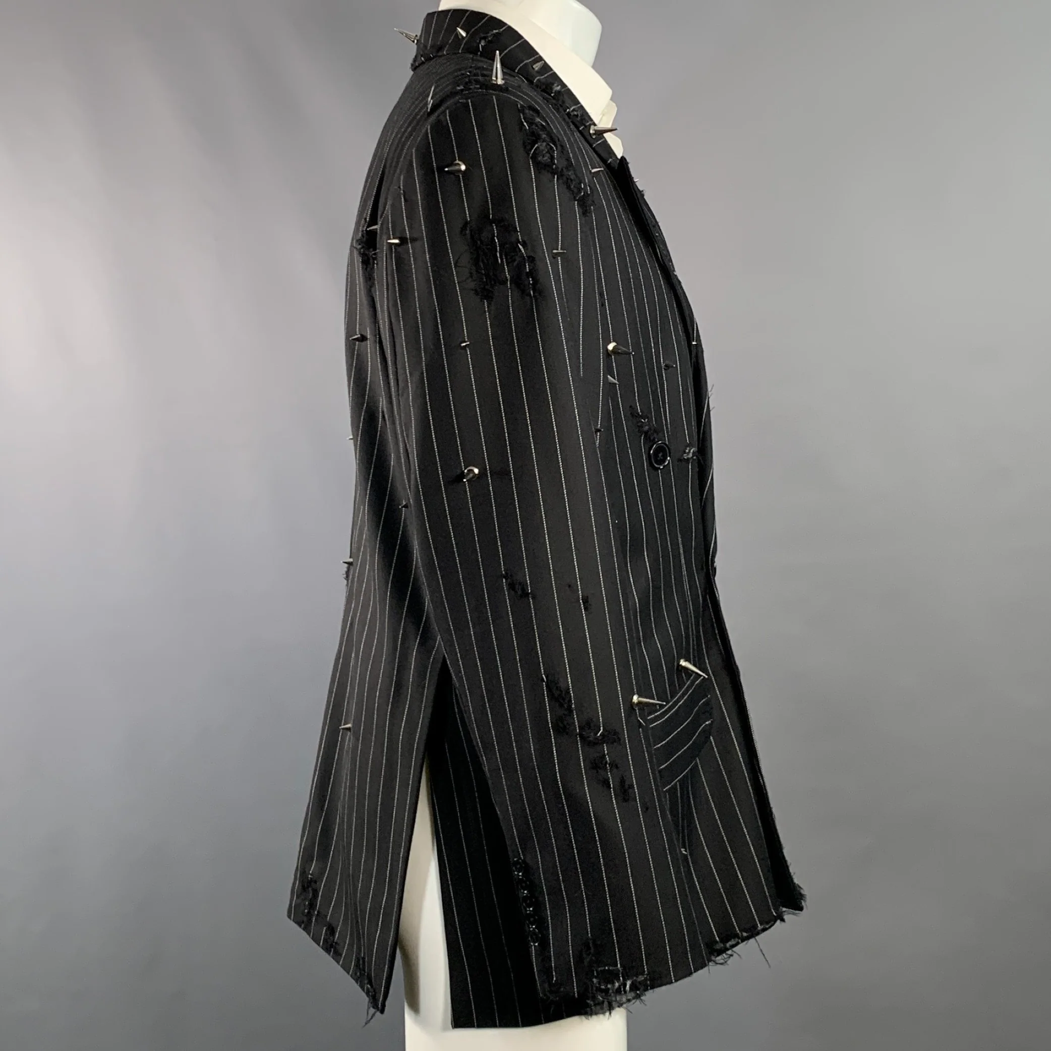 LIBERAL YOUTH MINISTRY Size M Black Grey Pinstripe Wool Double Breasted Studded Sport Coat - Image 3