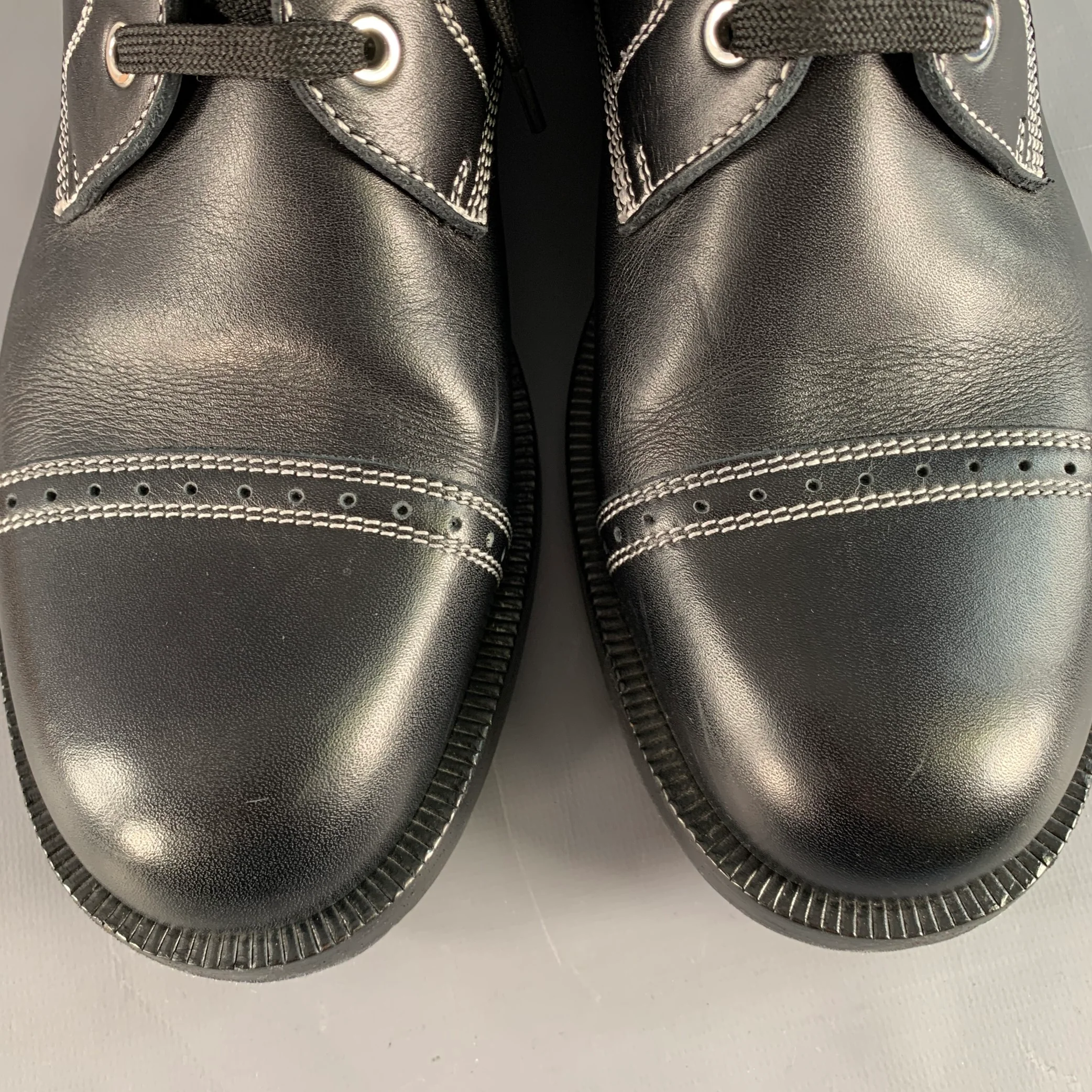 LOEWE FW17 Size 12 Black White Contrast Stitch Leather Military Boots - Image 9