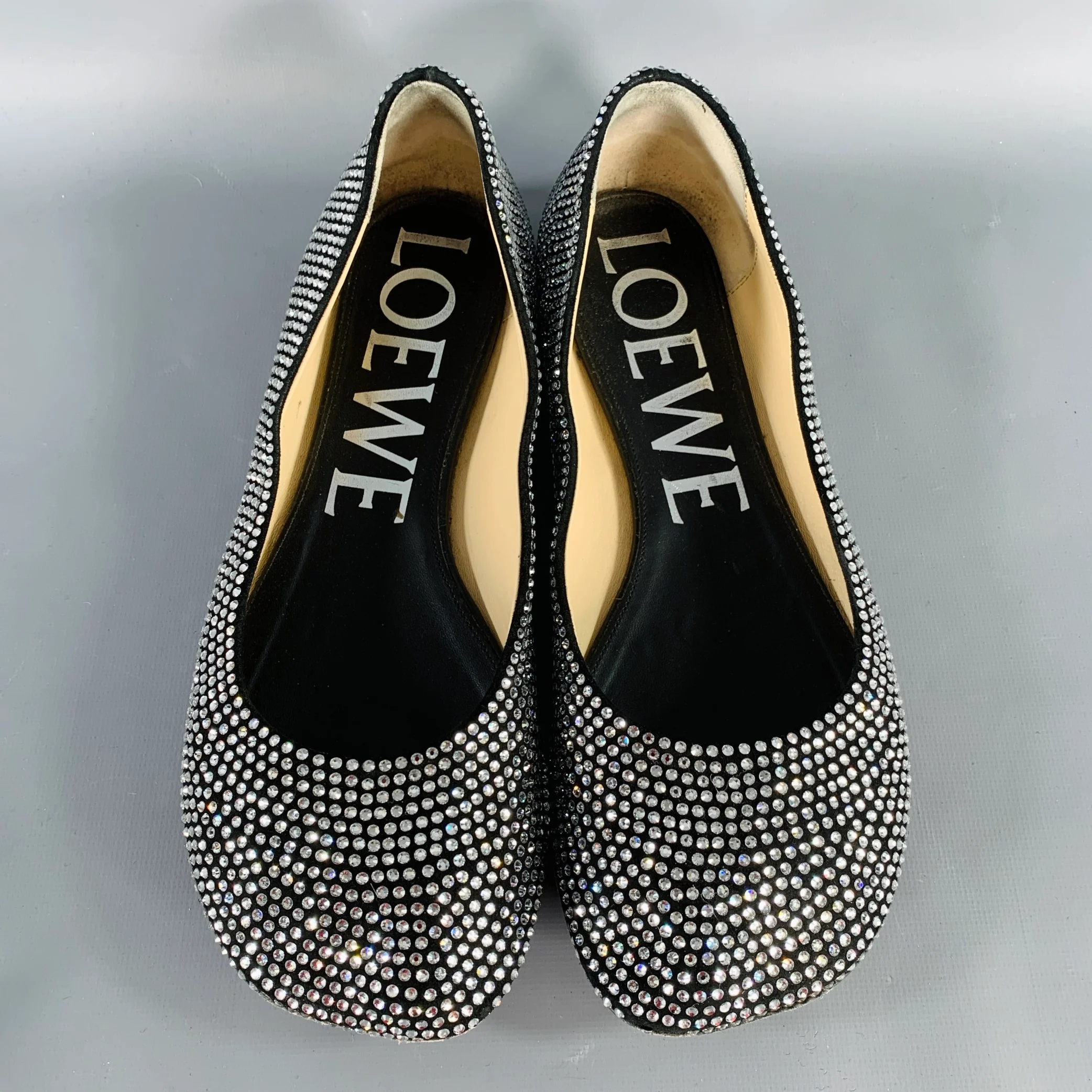 LOEWE Size 11 Silver Black Rhinestone Studded Ballet Flats - Image 4