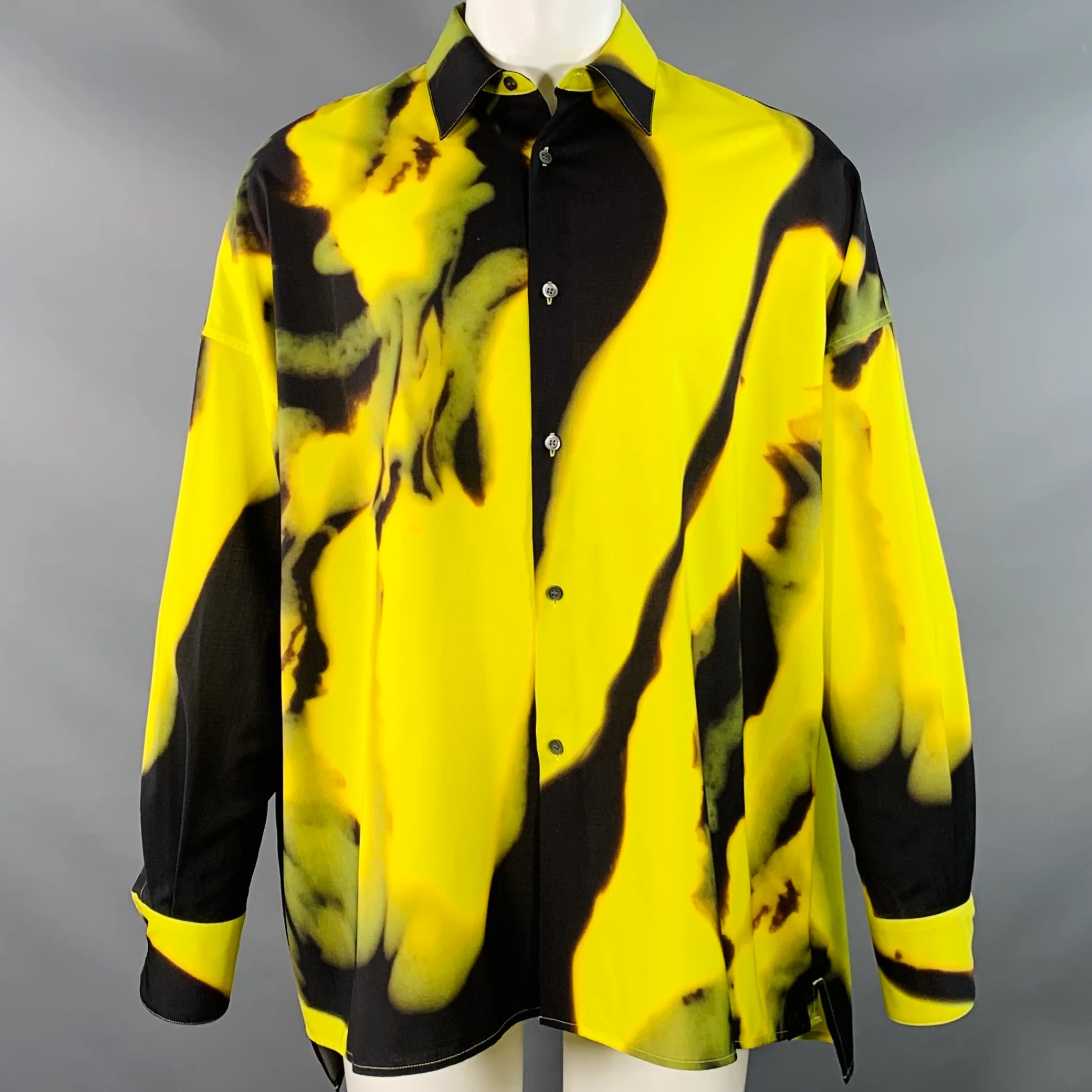 LOEWE Size S Yellow Black Tie Dye Print Wool Oversized Long Sleeve Shirt