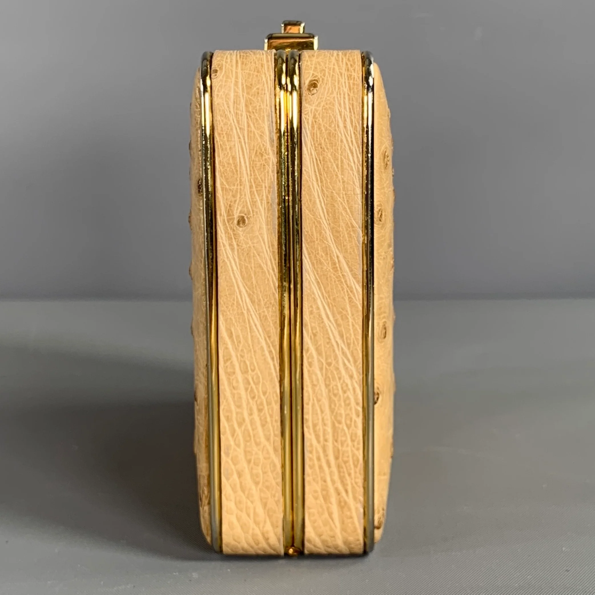 LORENZI Beige Gold Ostrich Leather Clutch Handbag - Image 4