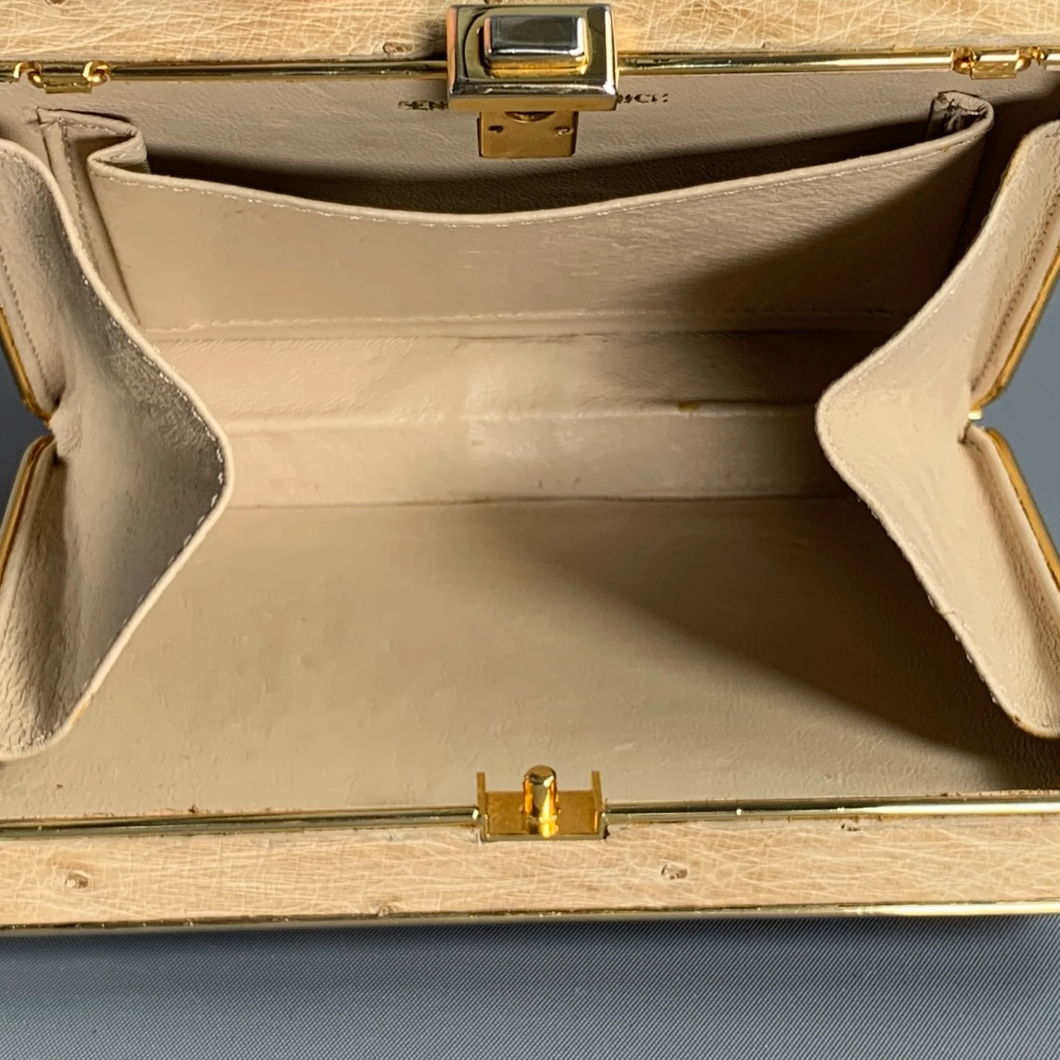 LORENZI Beige Gold Ostrich Leather Clutch Handbag - Image 7