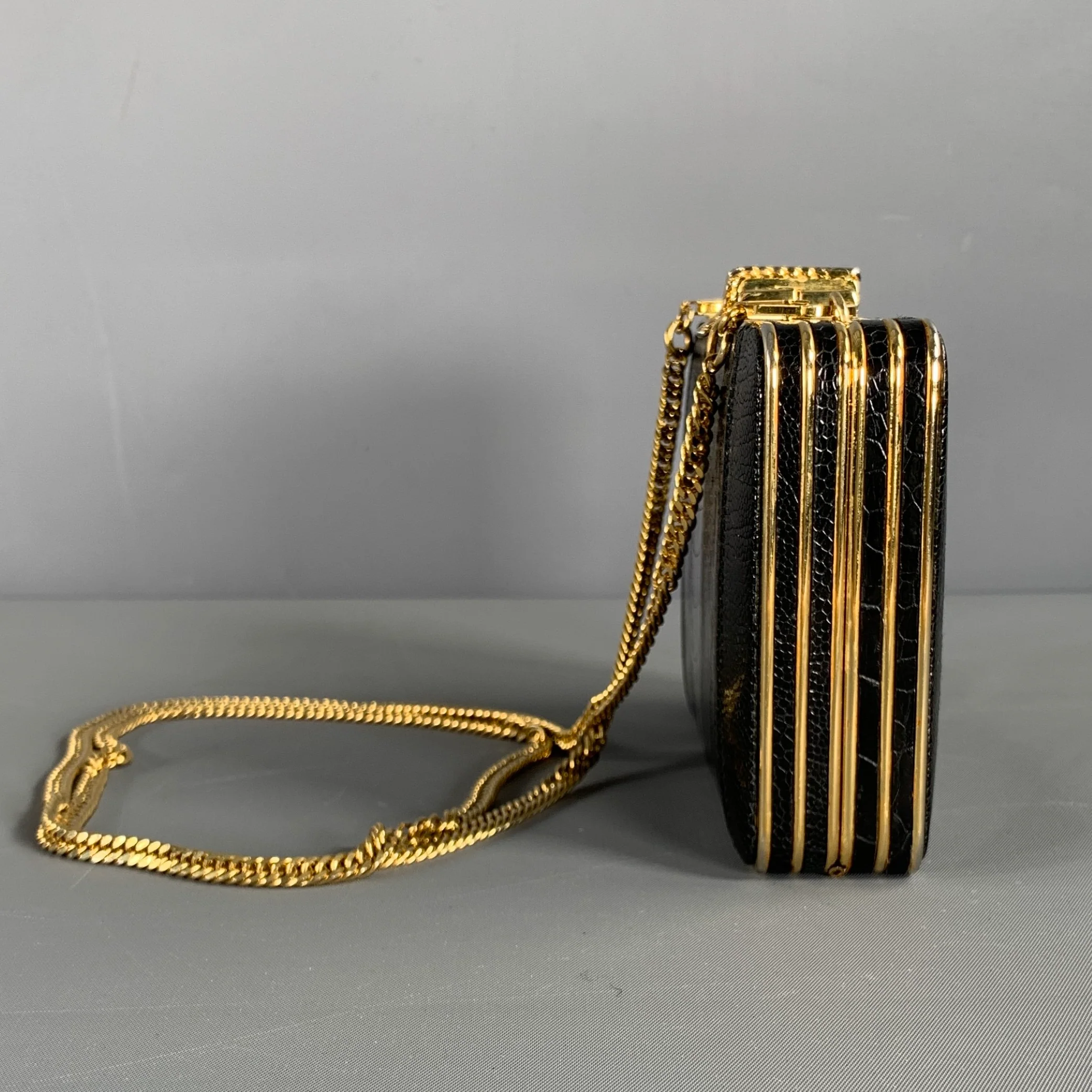 LORENZI Black Gold Leather Lizard Evening Handbag - Image 4