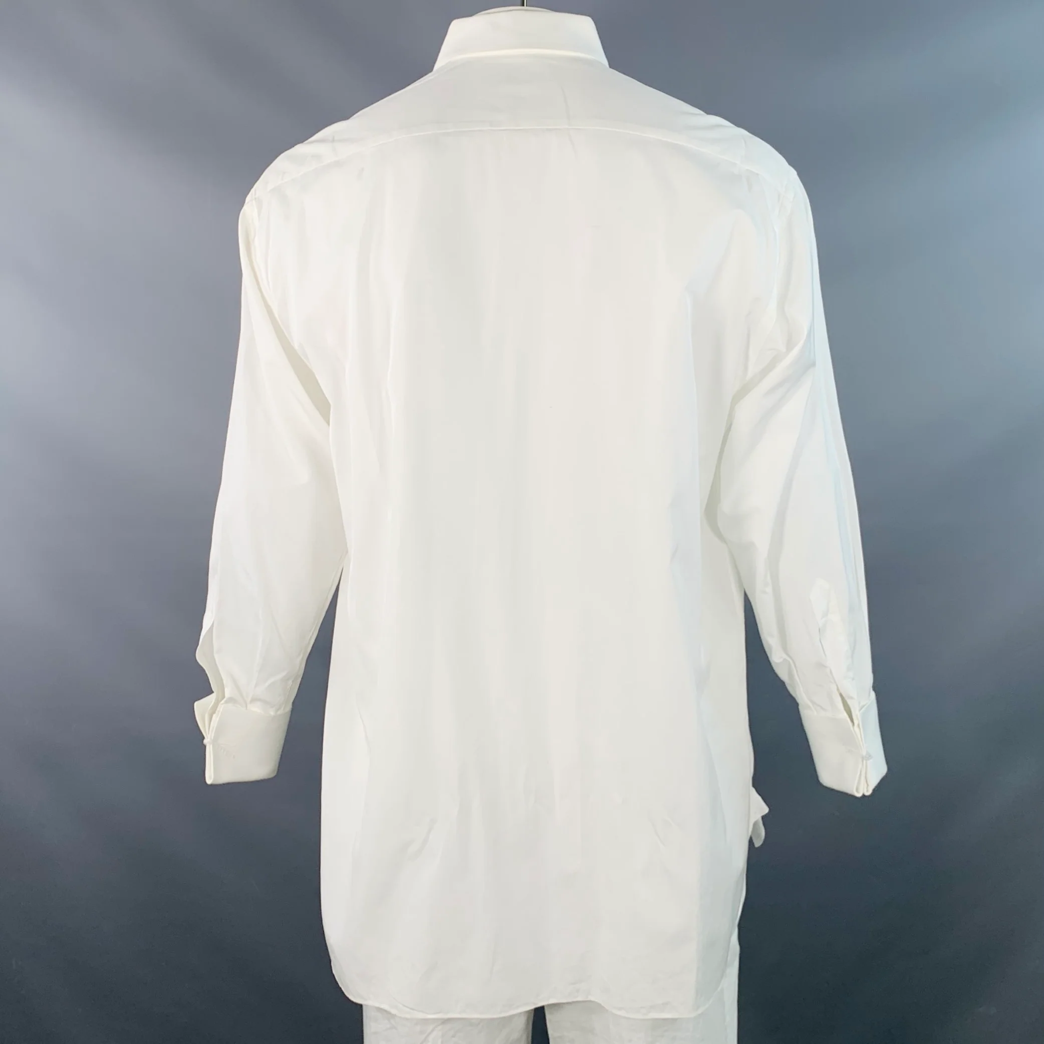 LORENZINI Size L White Textured Cotton Tuxedo Long Sleeve Shirt - Image 4