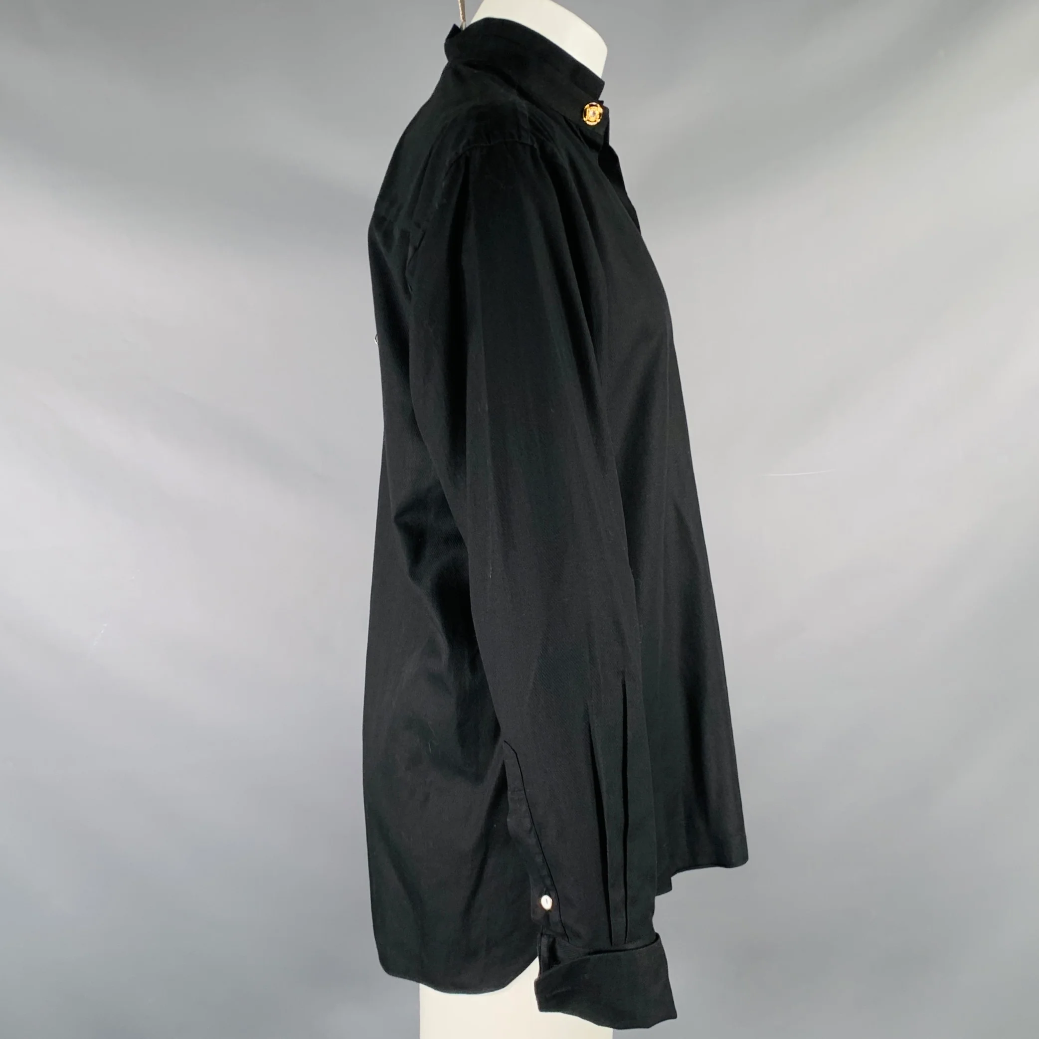 LORENZINI Size S Black Cotton Nehru Collar Long Sleeve Shirt - Image 2