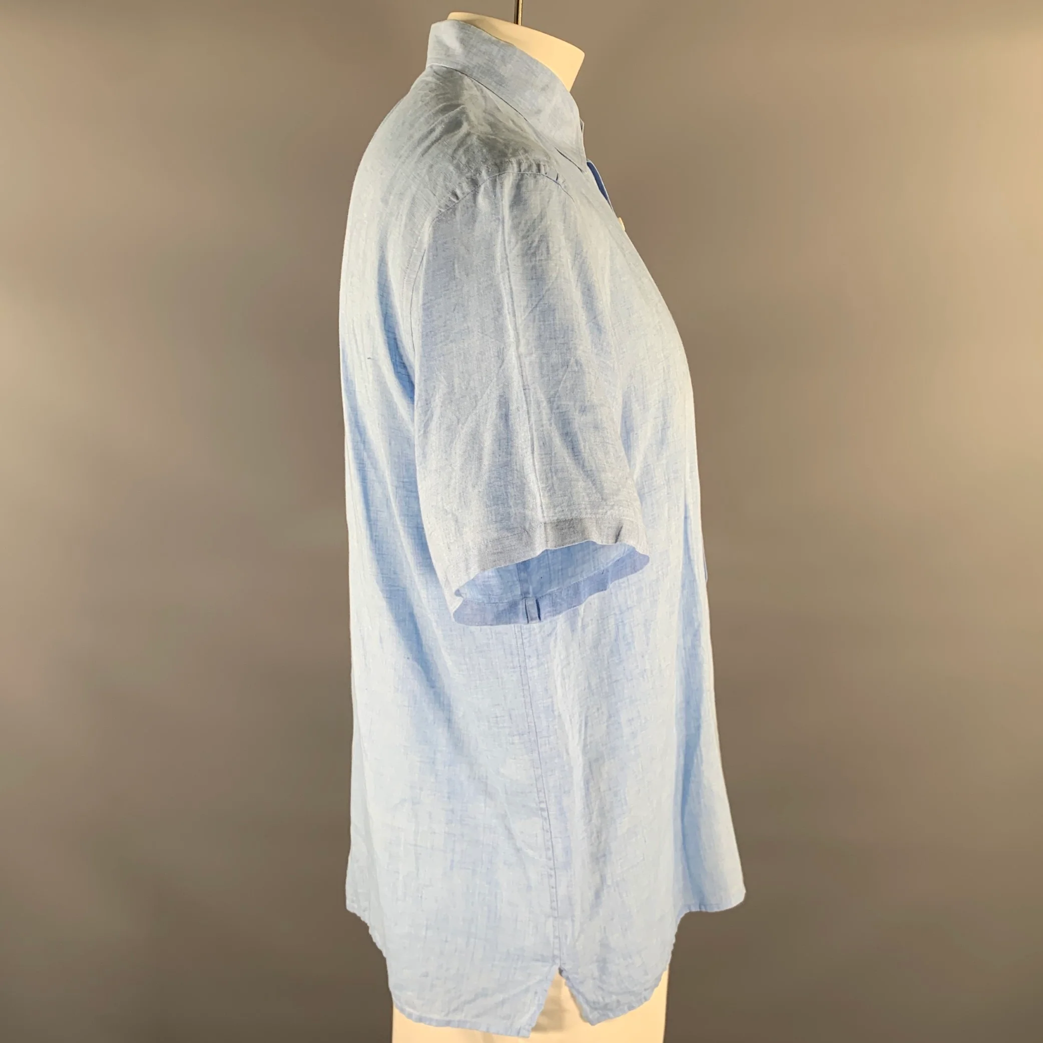 LORENZINI Size XL Blue Heather Linen Short Sleeve Shirt - Image 2