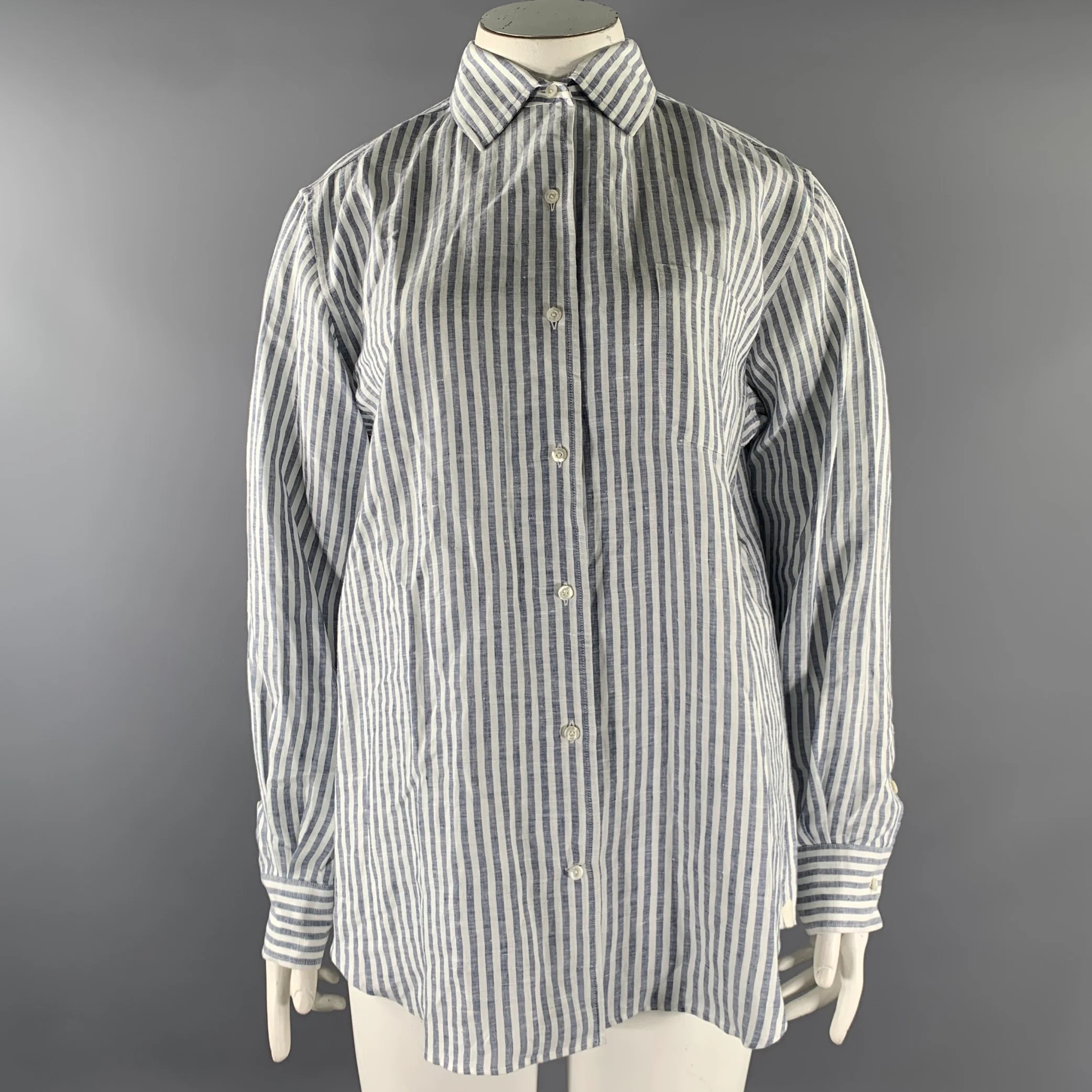 LORO PIANA Size 12 White Blue Flax Stripe Shirt