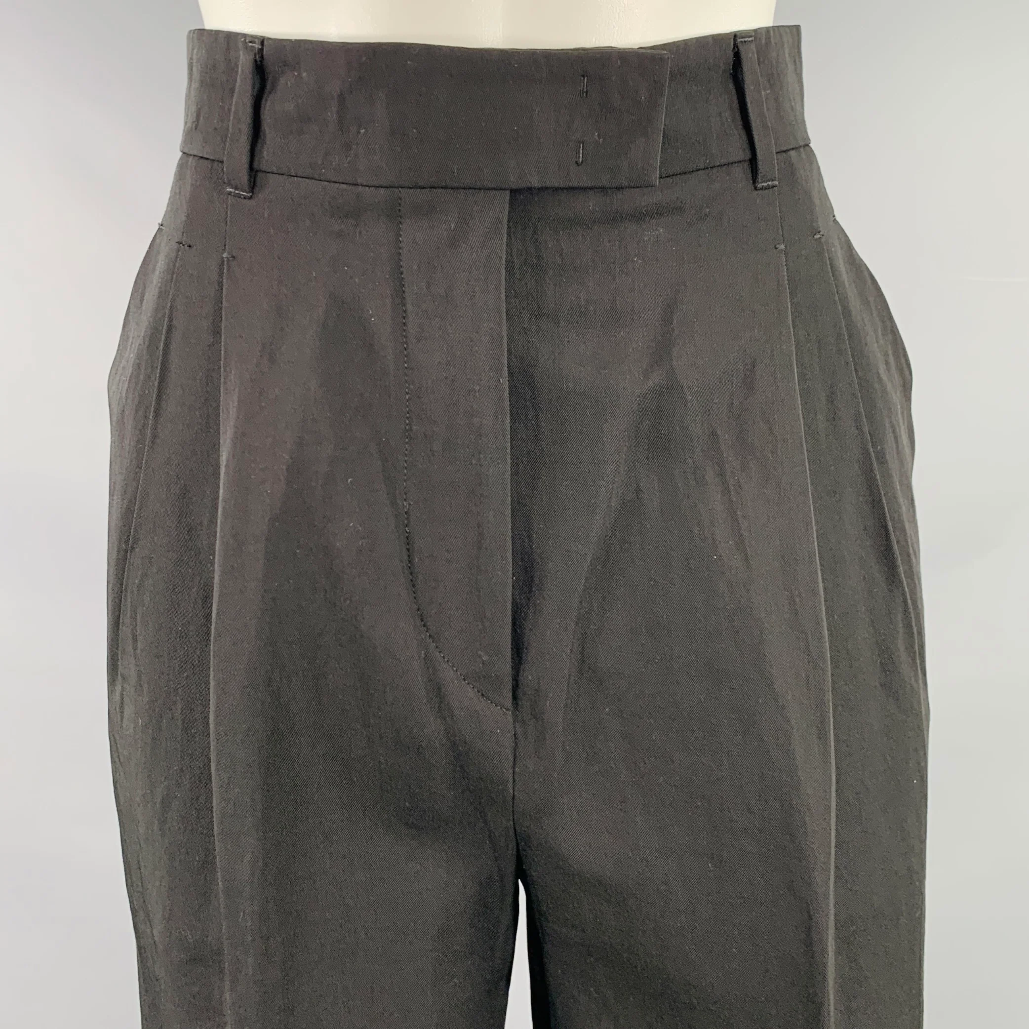 LORO PIANA Size 2 Black Virgin Wool Paper Pleated Wide Leg Dress Pants - Image 2