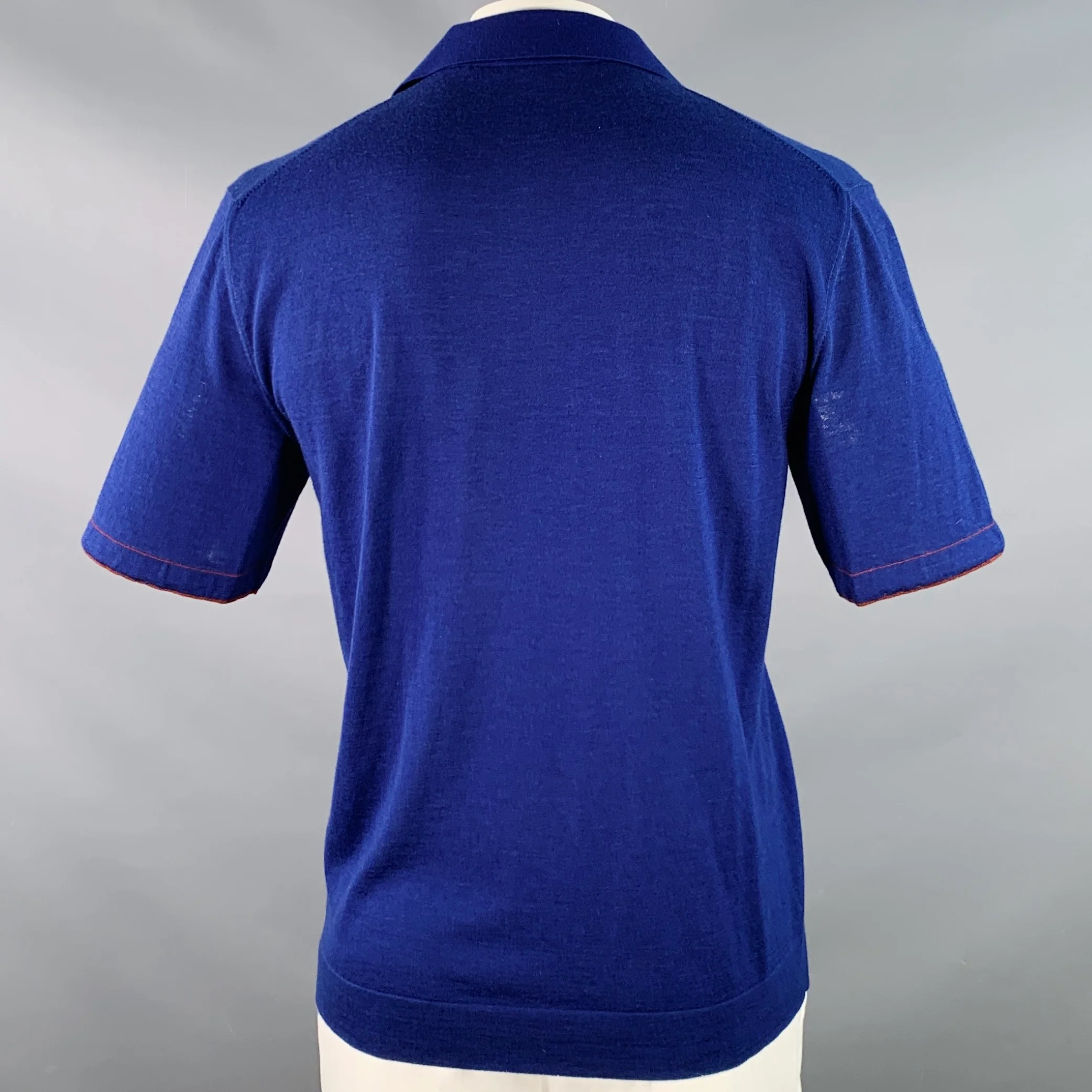 LORO PIANA Size 42 Blue Brown Contrast Trim Silk Cashmere Open Collar Polo - Image 3