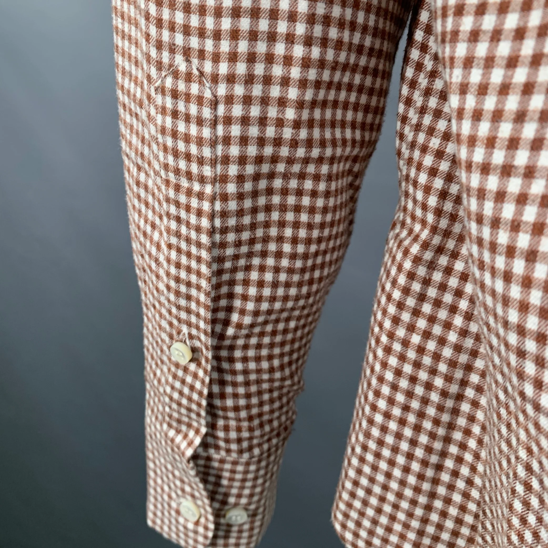 LORO PIANA Size L Brown White Gingham Cotton One Pocket Long Sleeve Shirt - Image 5