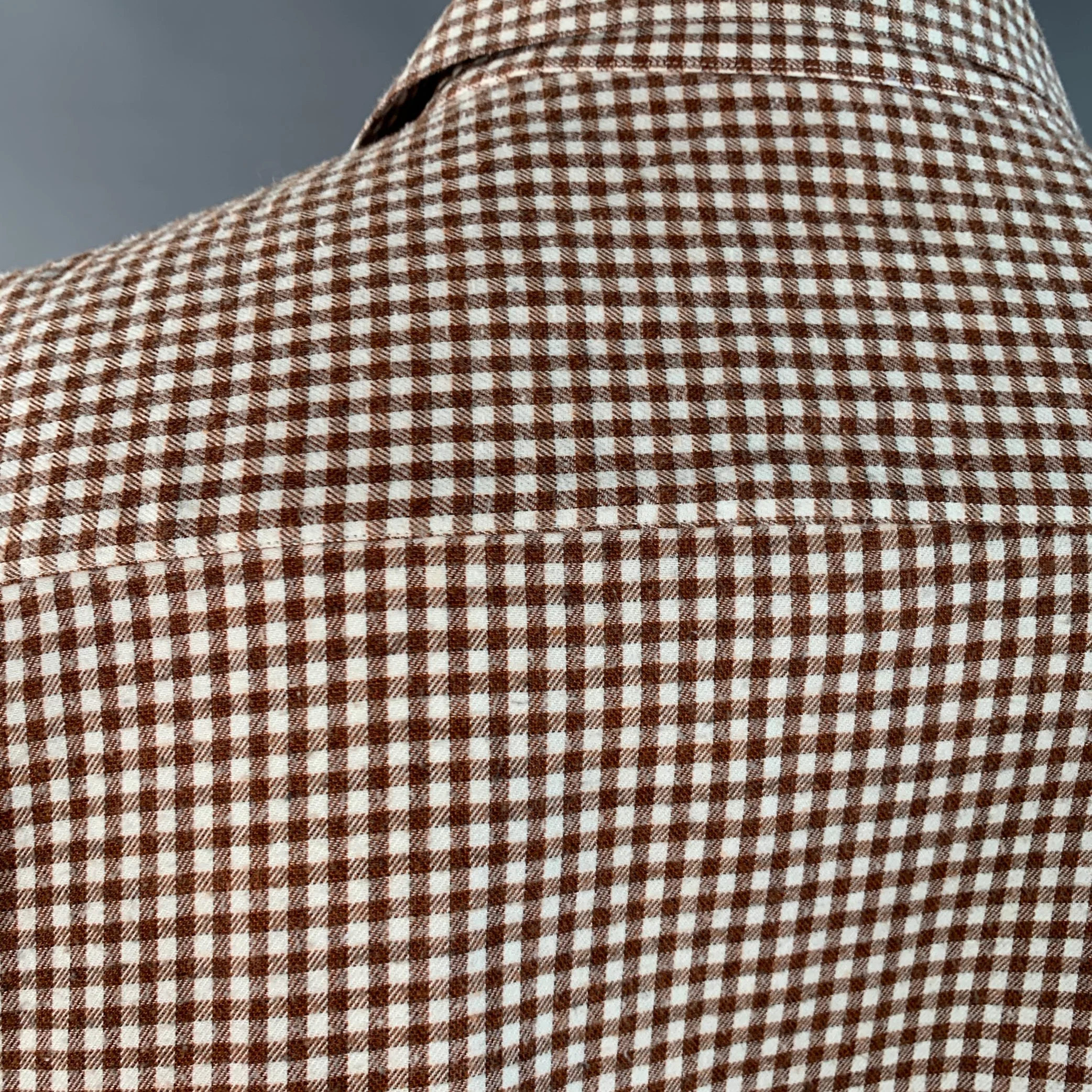 LORO PIANA Size L Brown White Gingham Cotton One Pocket Long Sleeve Shirt - Image 7