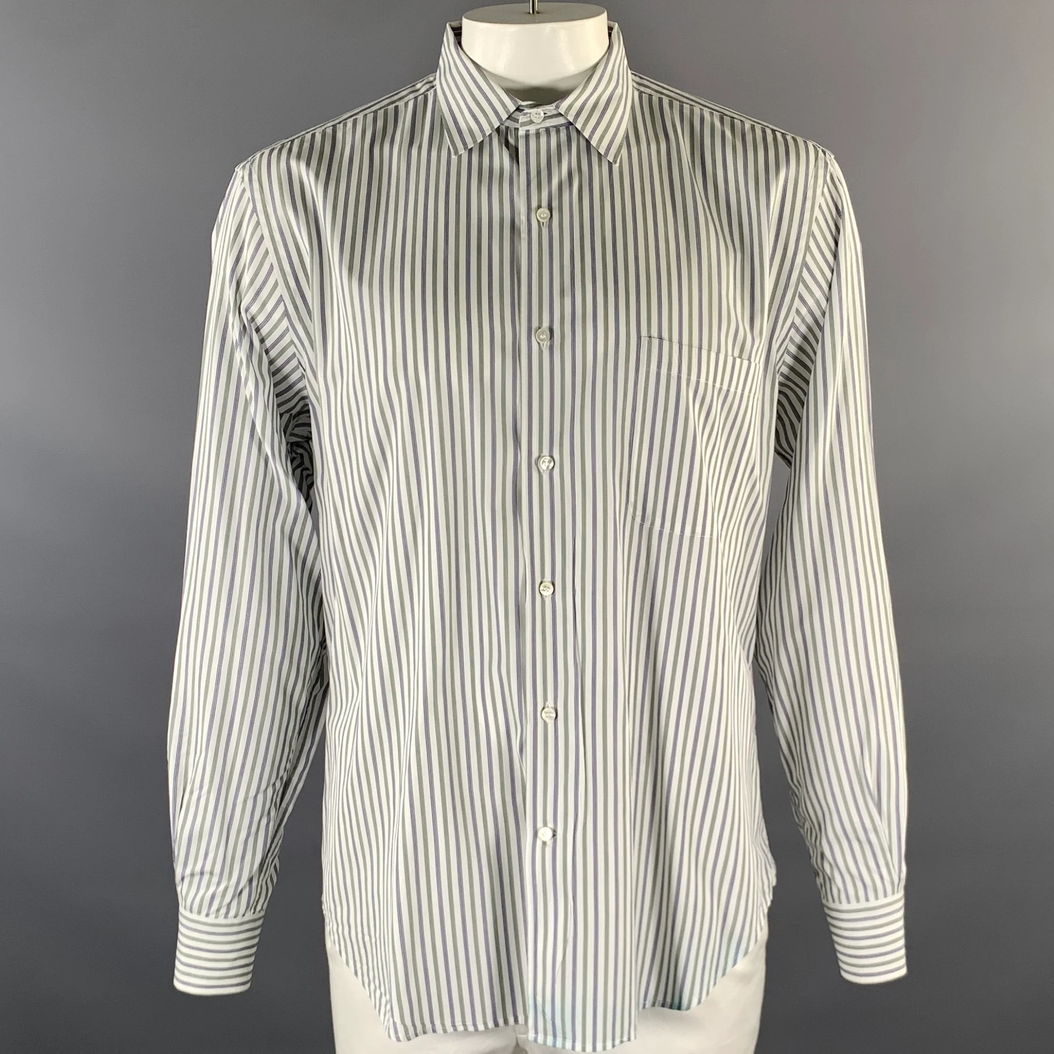 LORO PIANA Size L Green White Blue Stripe Cotton Long Sleeve Shirt