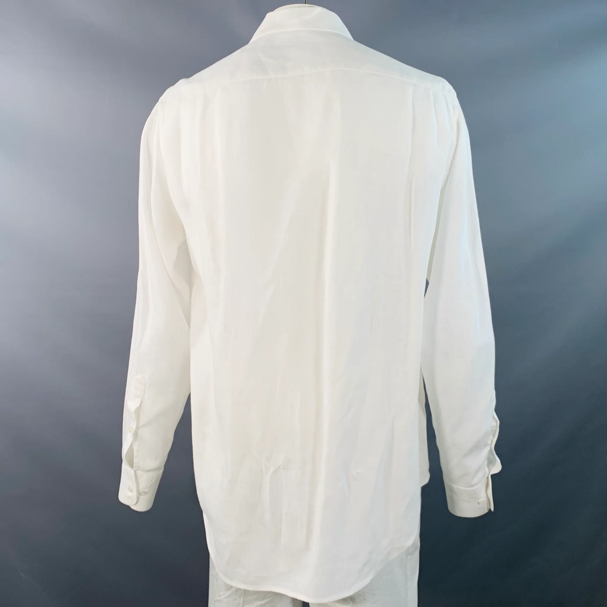 LORO PIANA Size L White Linen One Pocket Long Sleeve Shirt - Image 3