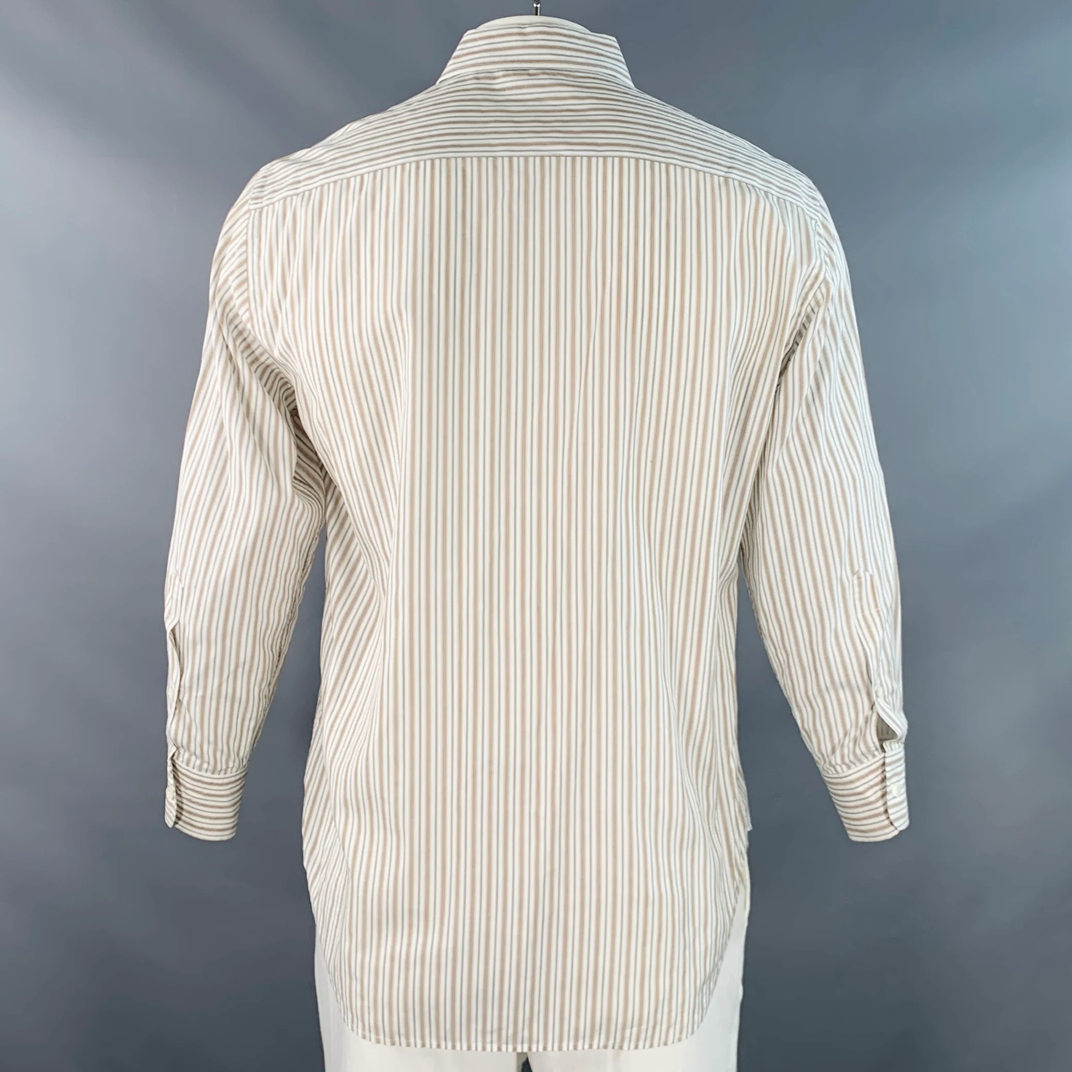 LORO PIANA Size L White Tan Grey Stripe Cotton One Pocket Long Sleeve Shirt - Image 4